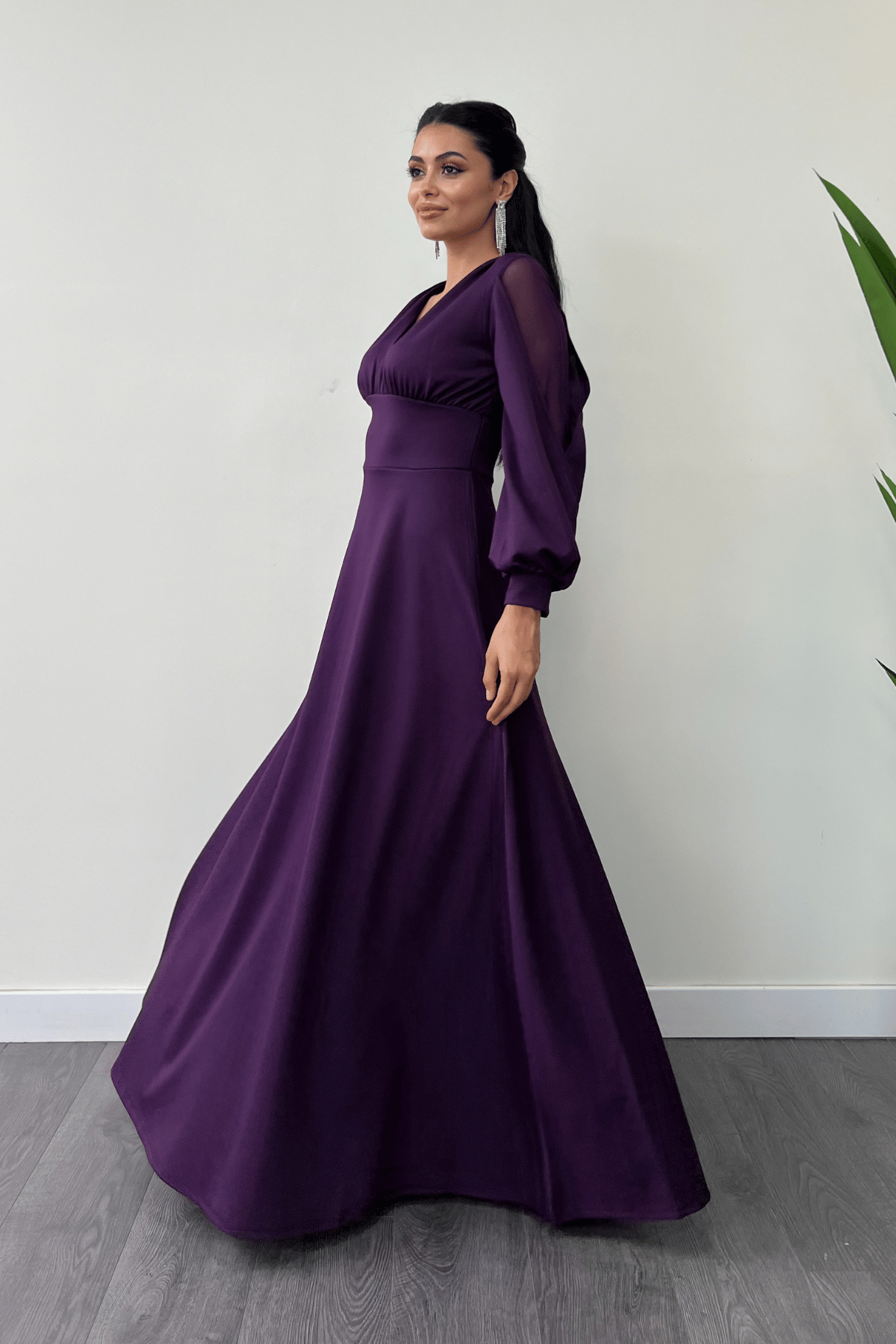 Krep Kumaş Kolları Tül Abiye Elbise - PATLICAN MOR