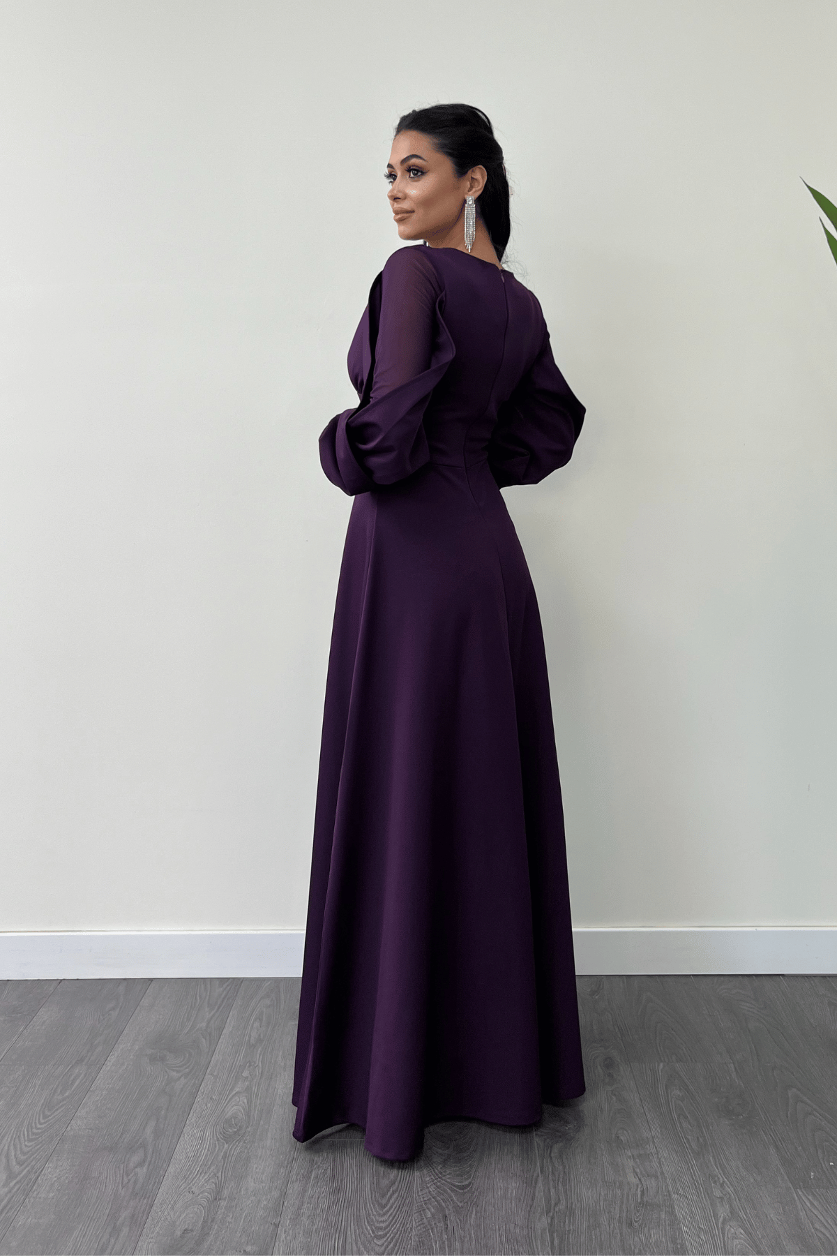 Krep Kumaş Kolları Tül Abiye Elbise - PATLICAN MOR