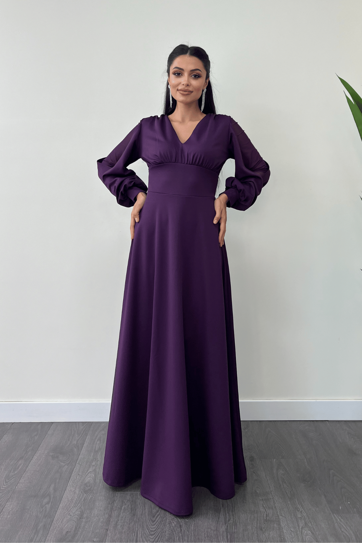 Krep Kumaş Kolları Tül Abiye Elbise - PATLICAN MOR