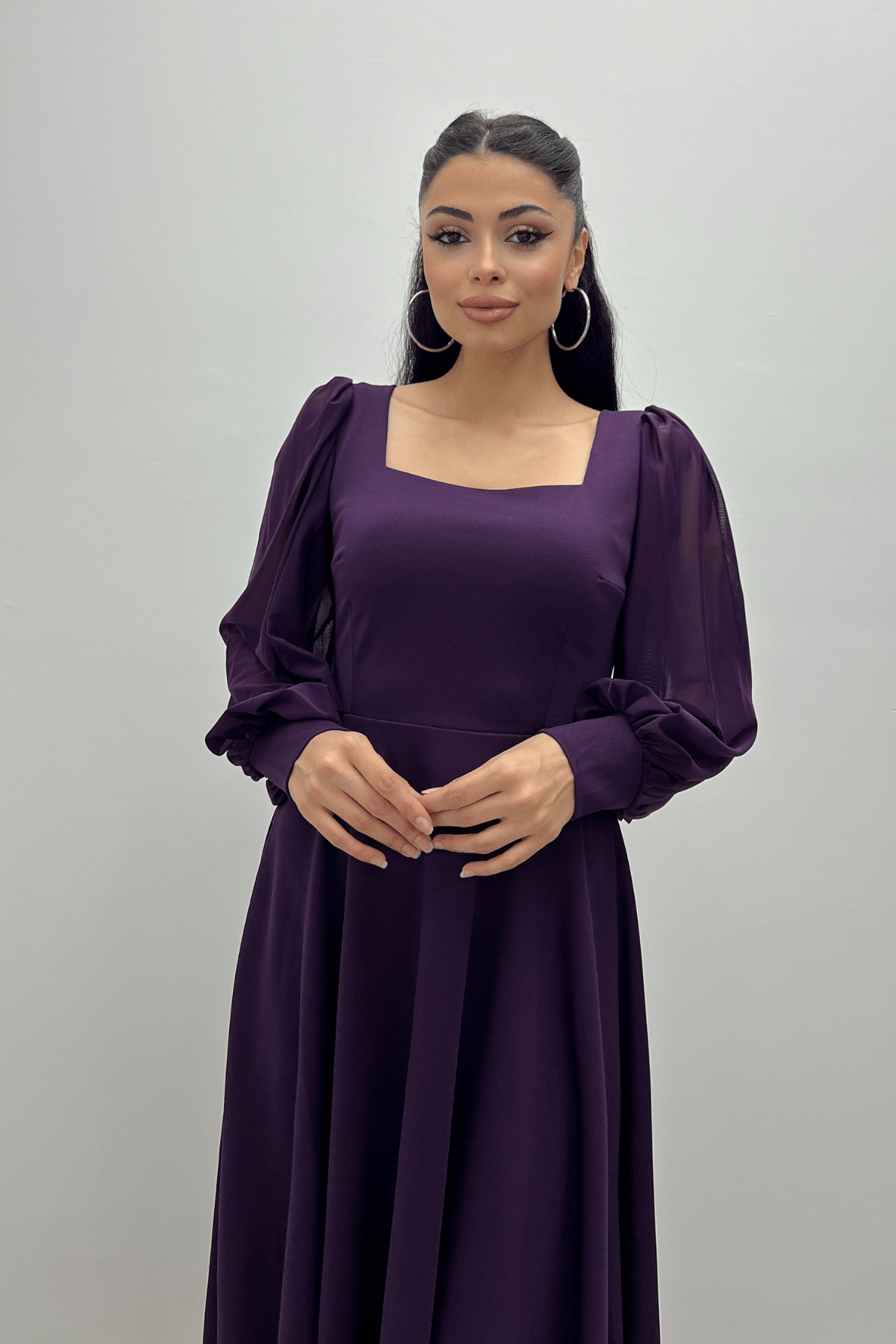 Krep Kumaş Kolları Tül Detaylı Midi Elbise - PATLICAN MOR