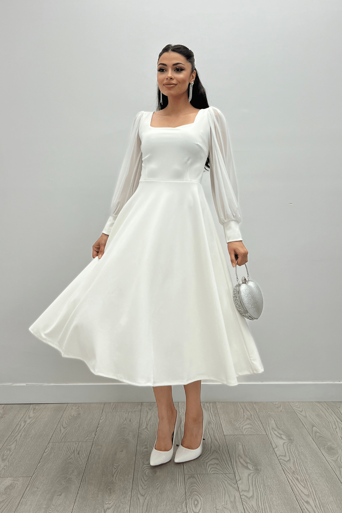 Krep Kumaş Kolları Tül Detaylı Midi Elbise - BEYAZ