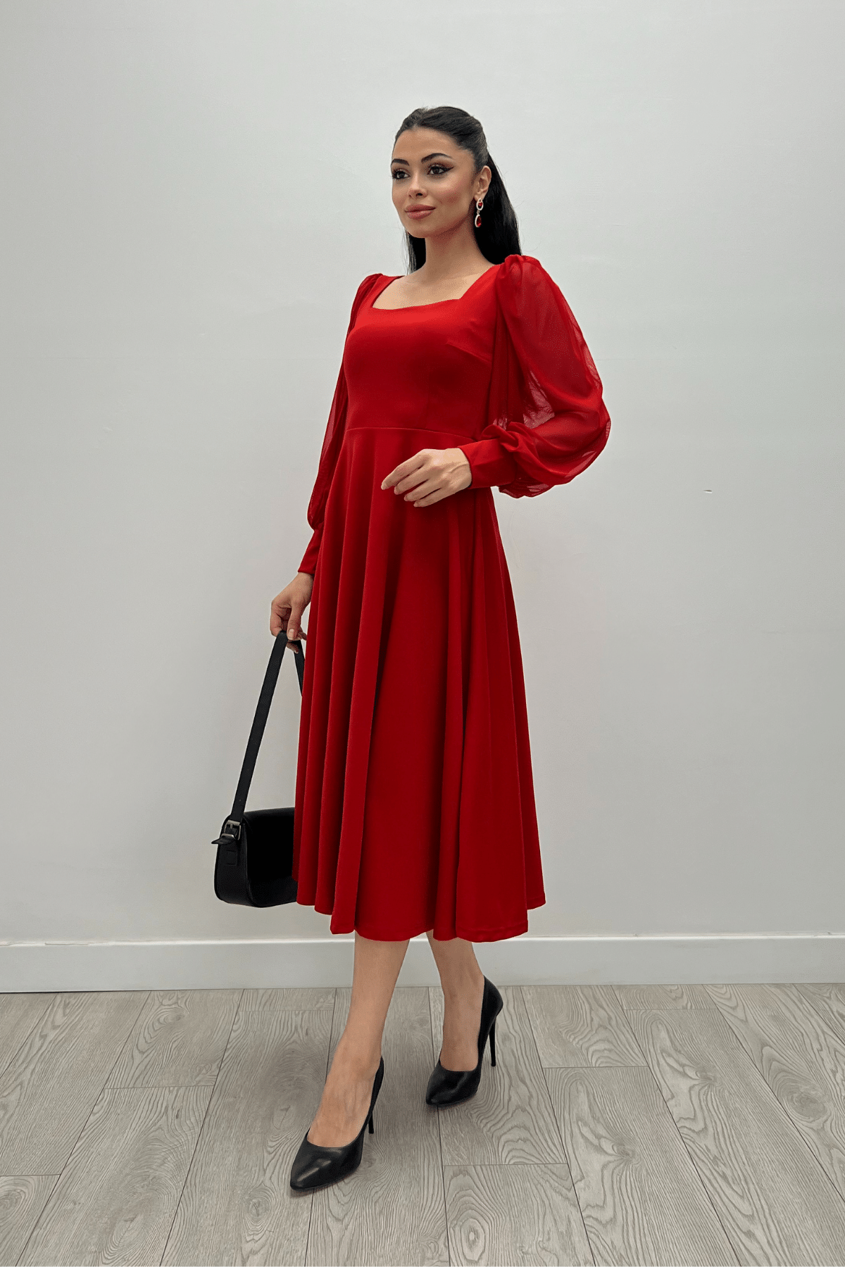 Krep Kumaş Kolları Tül Detaylı Midi Elbise - KIRMIZI