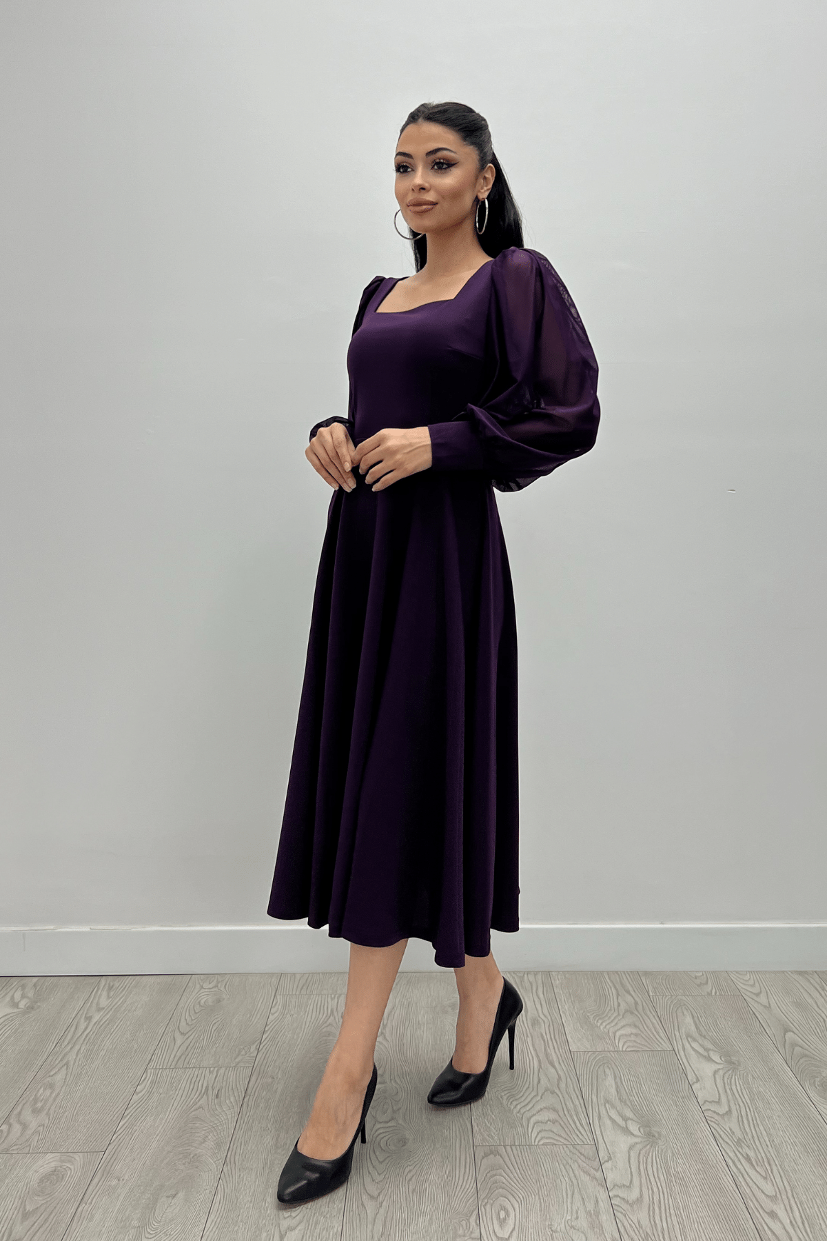 Krep Kumaş Kolları Tül Detaylı Midi Elbise - PATLICAN MOR