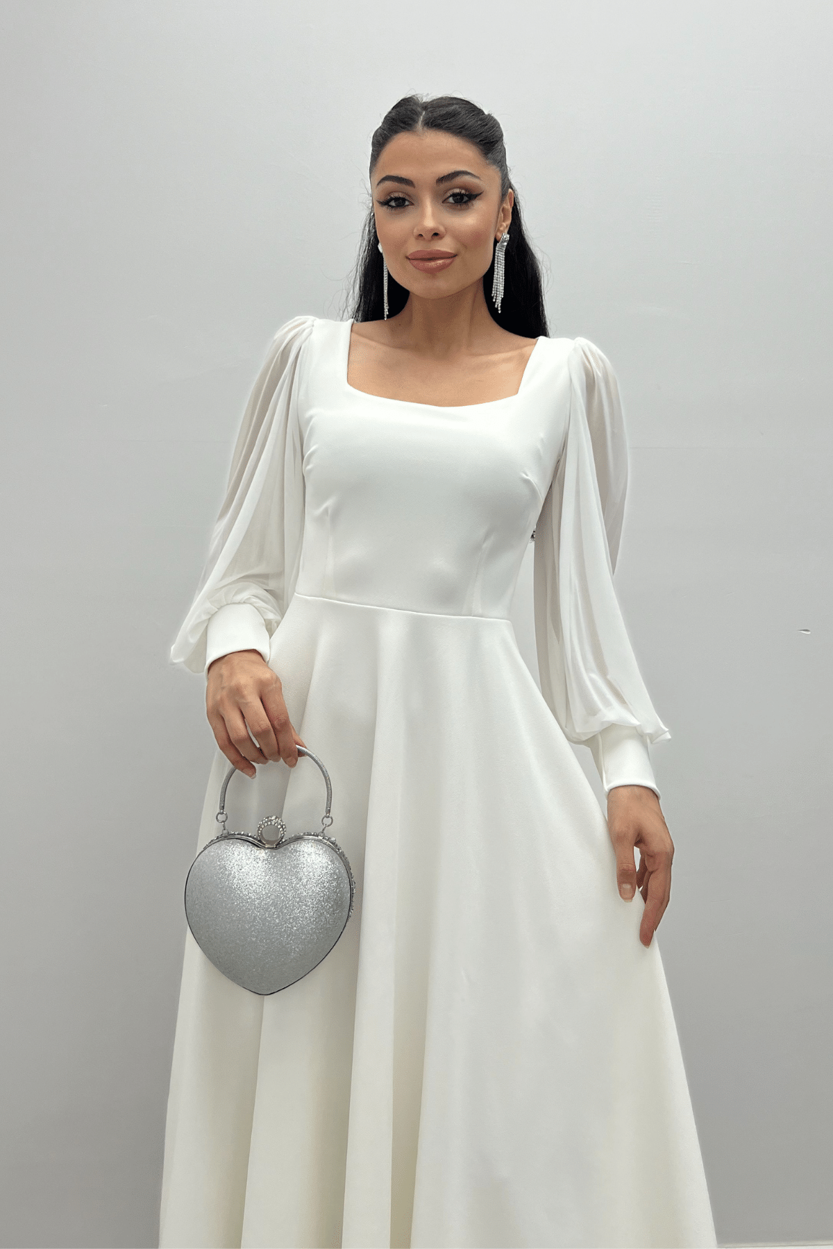 Krep Kumaş Kolları Tül Detaylı Midi Elbise - BEYAZ