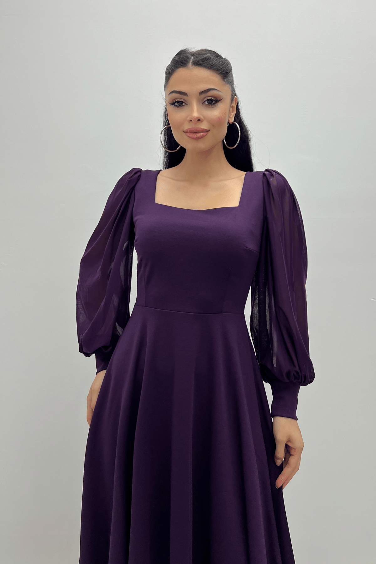 Krep Kumaş Kolları Tül Detaylı Midi Elbise - PATLICAN MOR