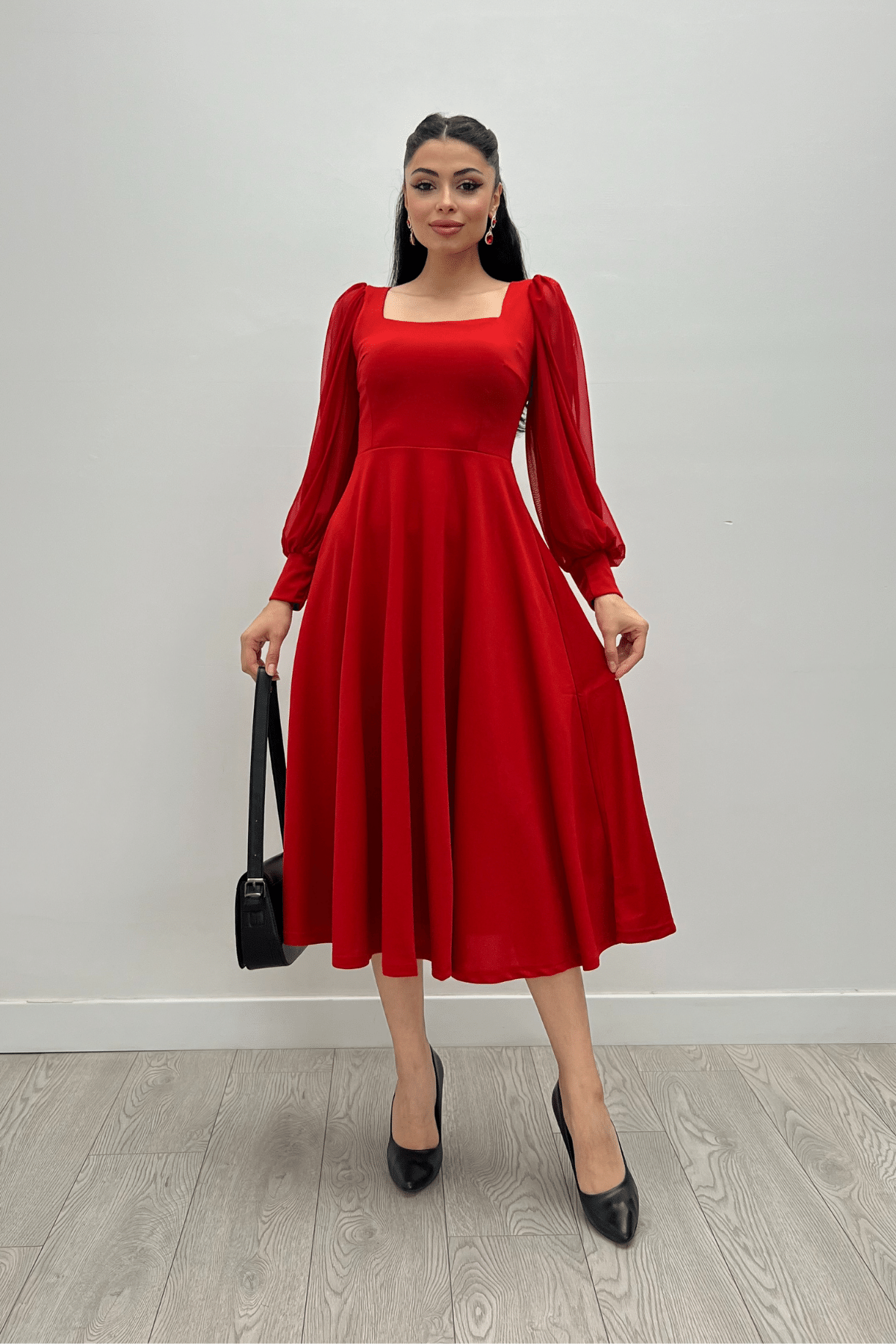 Krep Kumaş Kolları Tül Detaylı Midi Elbise - KIRMIZI