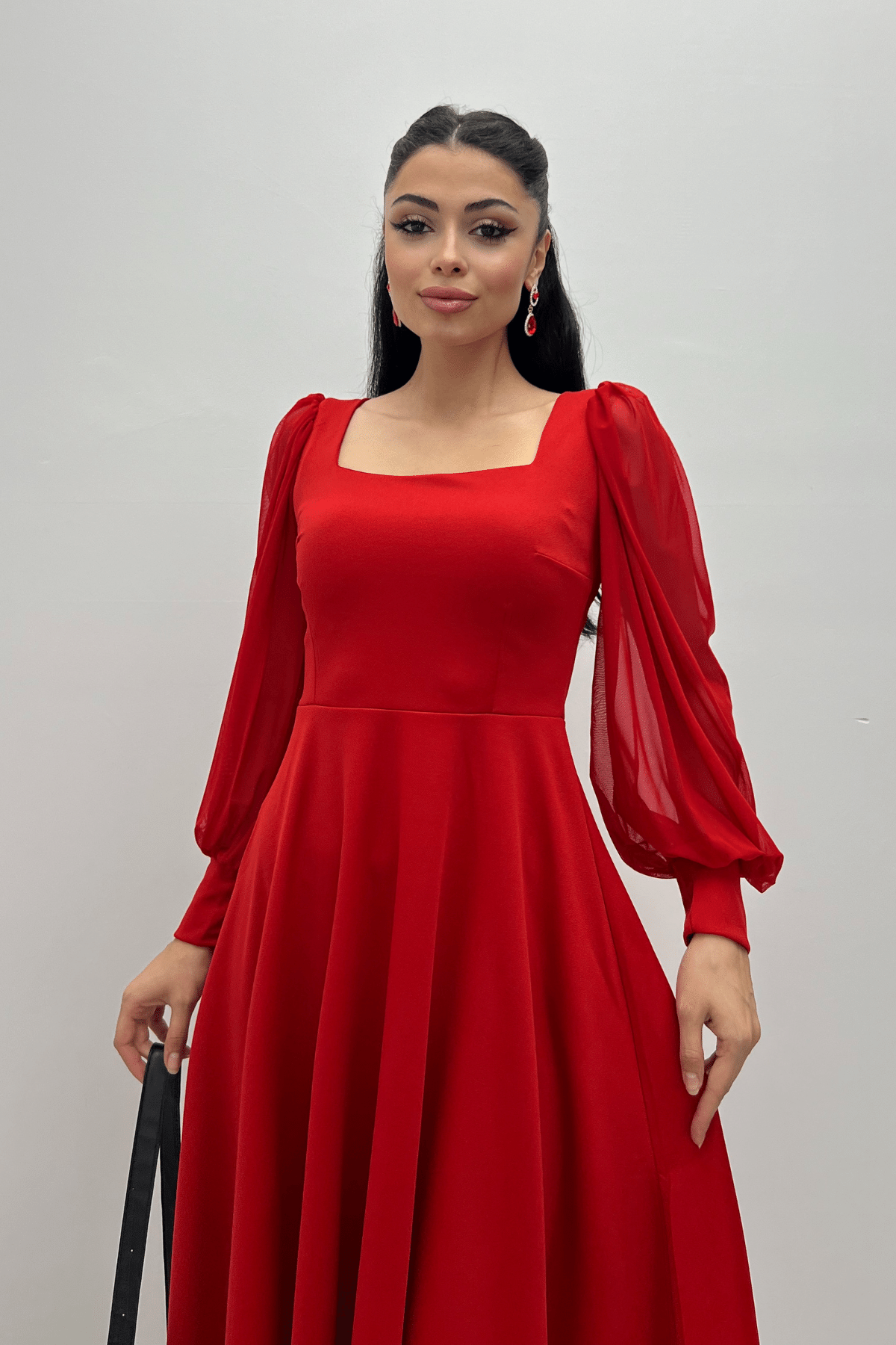 Krep Kumaş Kolları Tül Detaylı Midi Elbise - KIRMIZI