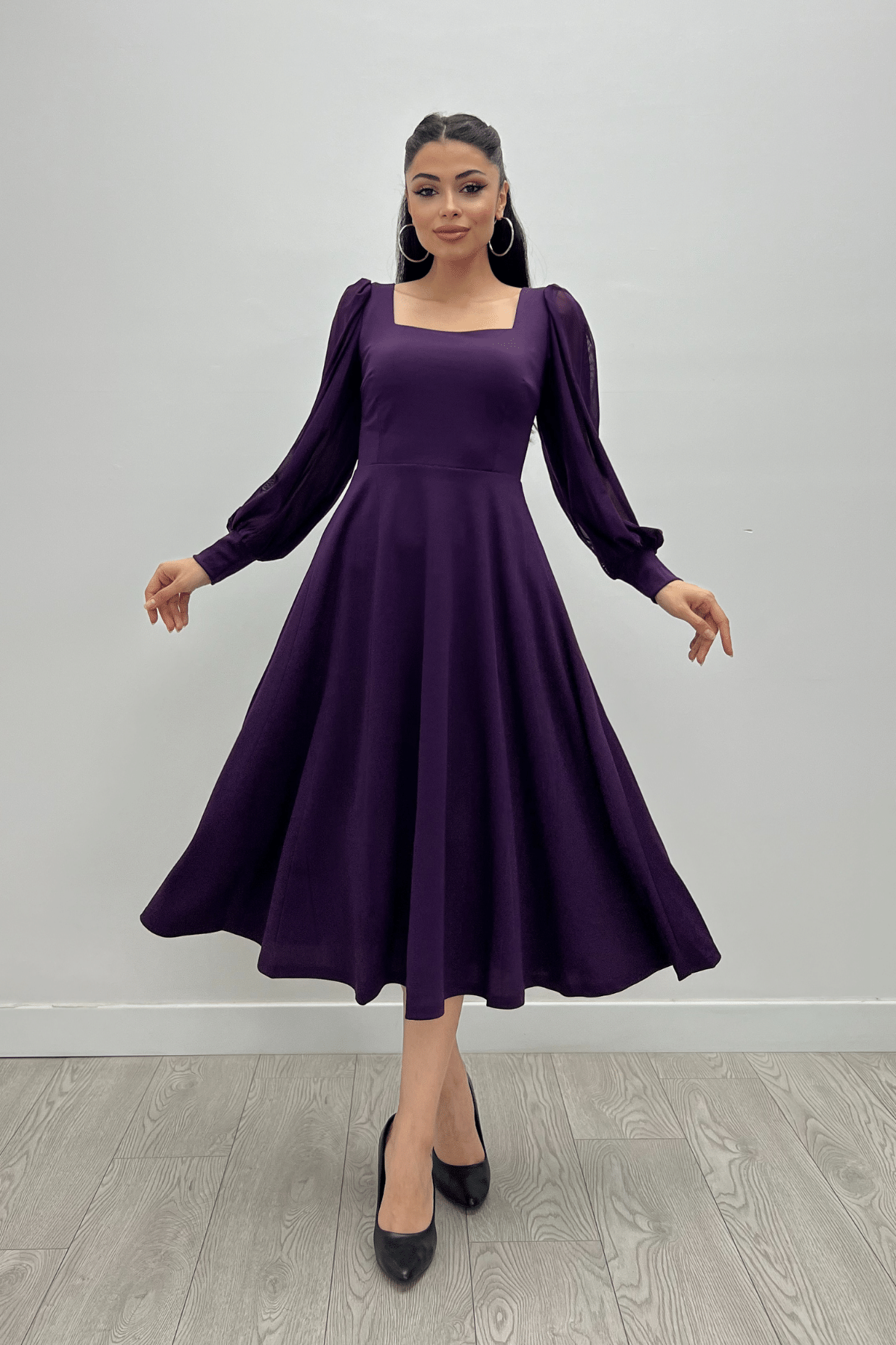 Krep Kumaş Kolları Tül Detaylı Midi Elbise - PATLICAN MOR