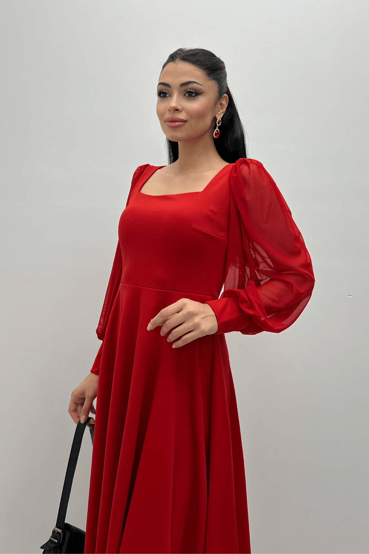 Krep Kumaş Kolları Tül Detaylı Midi Elbise - KIRMIZI