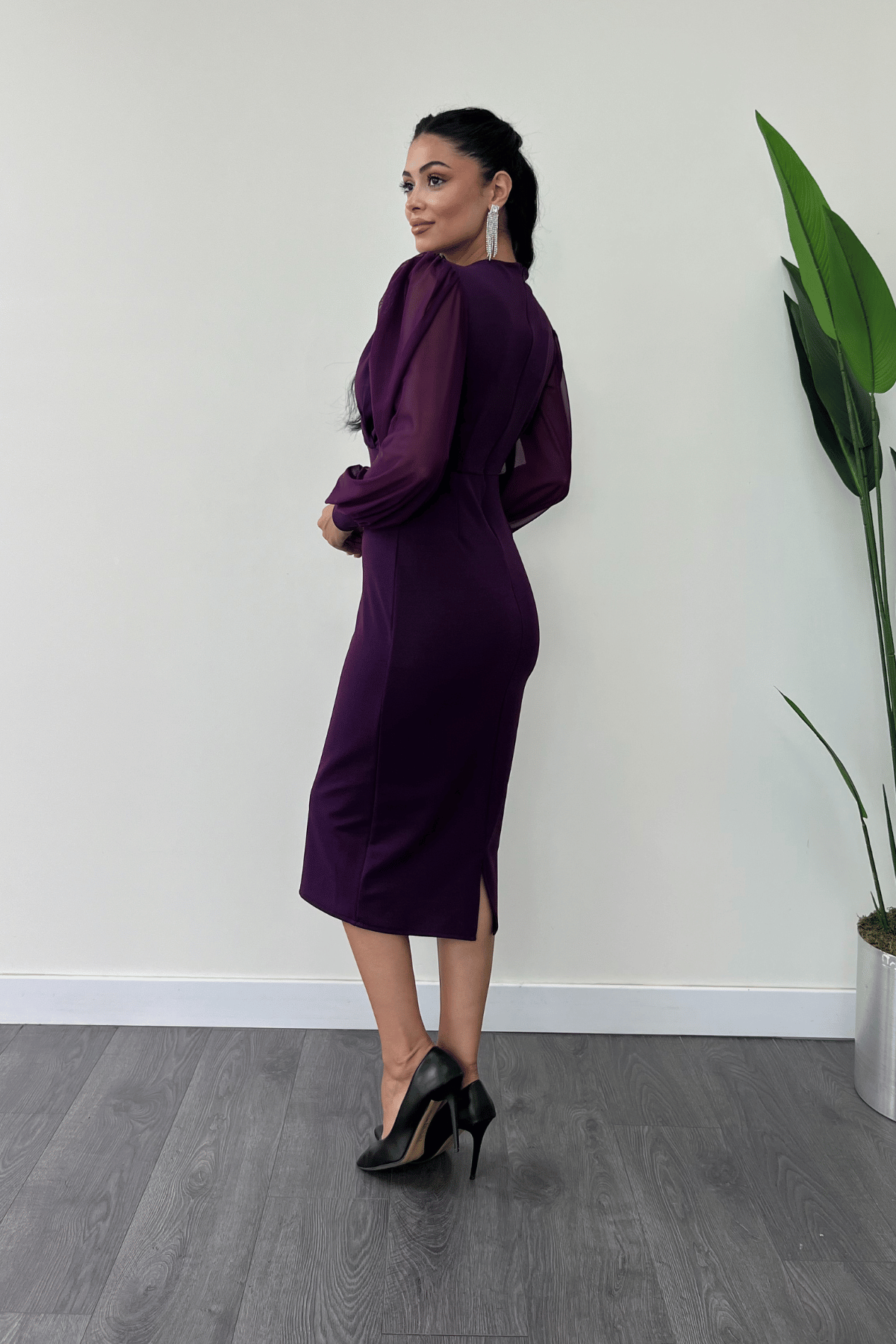 Crepe Fabric Sleeve Tulle Pencil Dress - EGGPLANT PURPLE