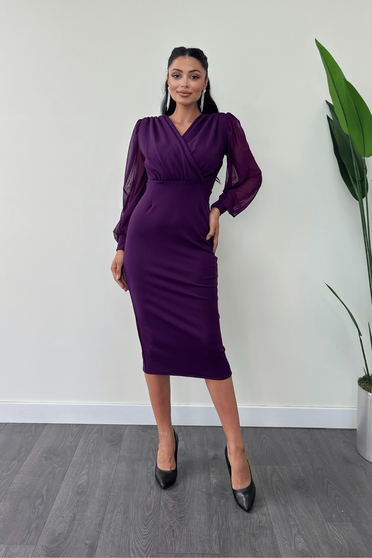 Crepe Fabric Sleeve Tulle Pencil Dress - EGGPLANT PURPLE