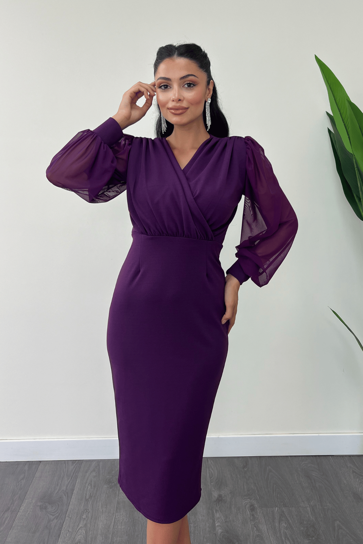 Crepe Fabric Sleeve Tulle Pencil Dress - EGGPLANT PURPLE