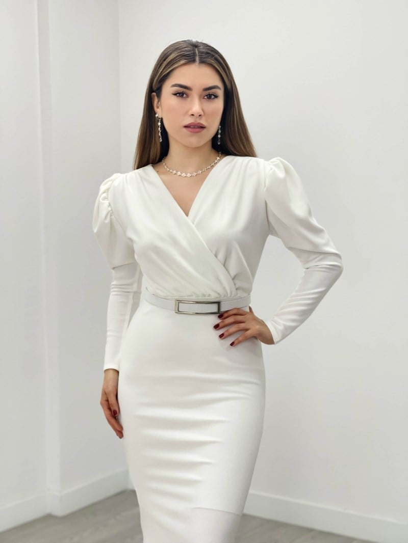 Krep Kumaş Kruvaze Yaka Balık Elbise - BEYAZ