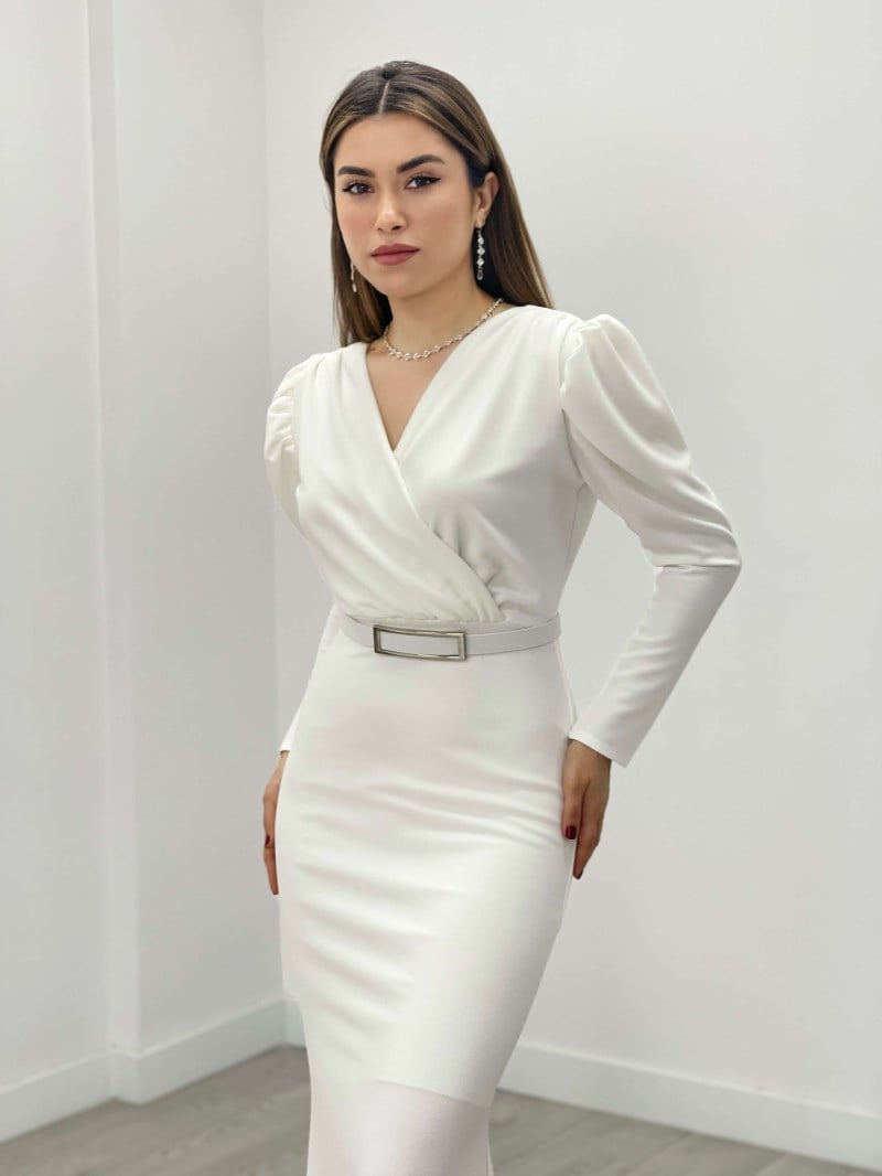 Krep Kumaş Kruvaze Yaka Balık Elbise - BEYAZ