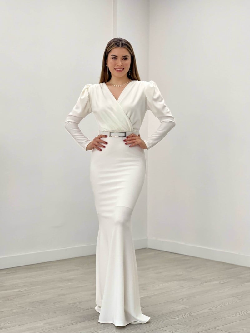 Krep Kumaş Kruvaze Yaka Balık Elbise - BEYAZ