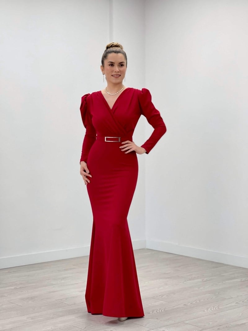 Krep Kumaş Kruvaze Yaka Balık Elbise - KIRMIZI