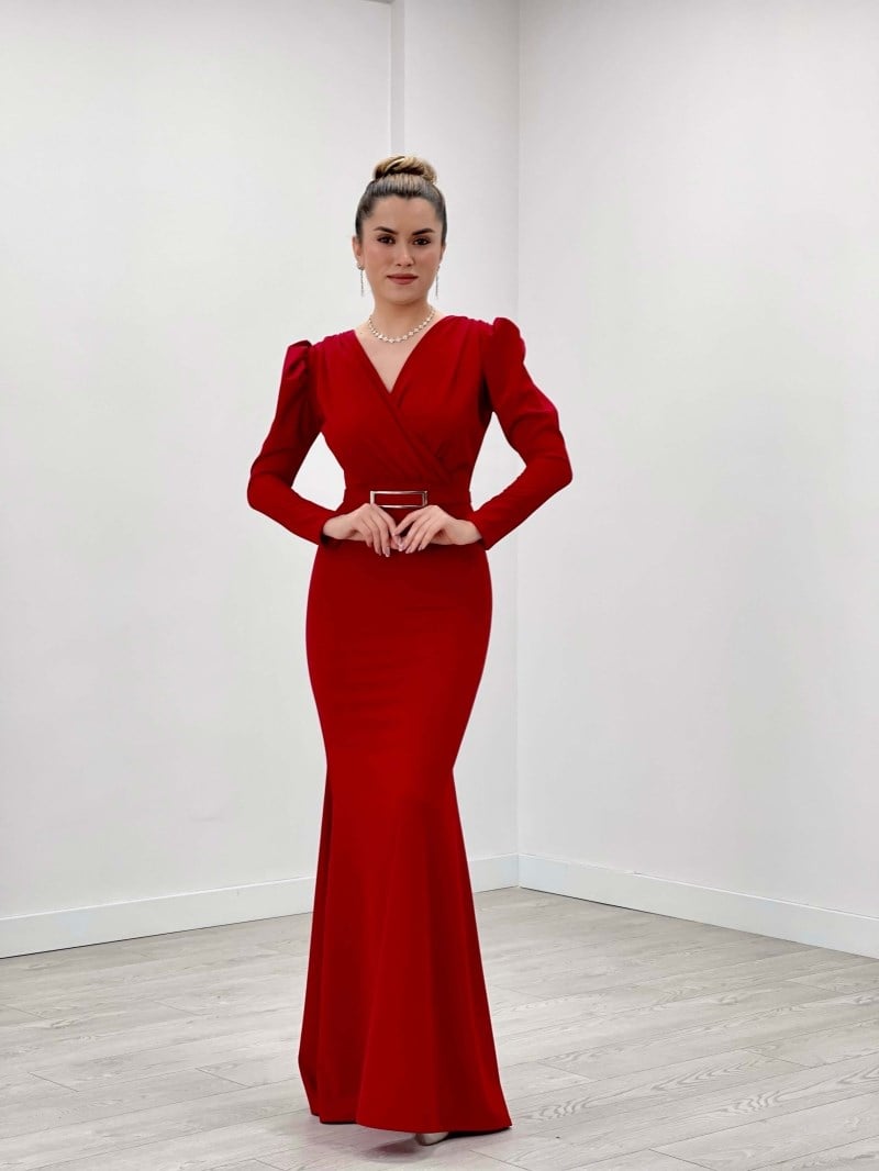 Krep Kumaş Kruvaze Yaka Balık Elbise - KIRMIZI