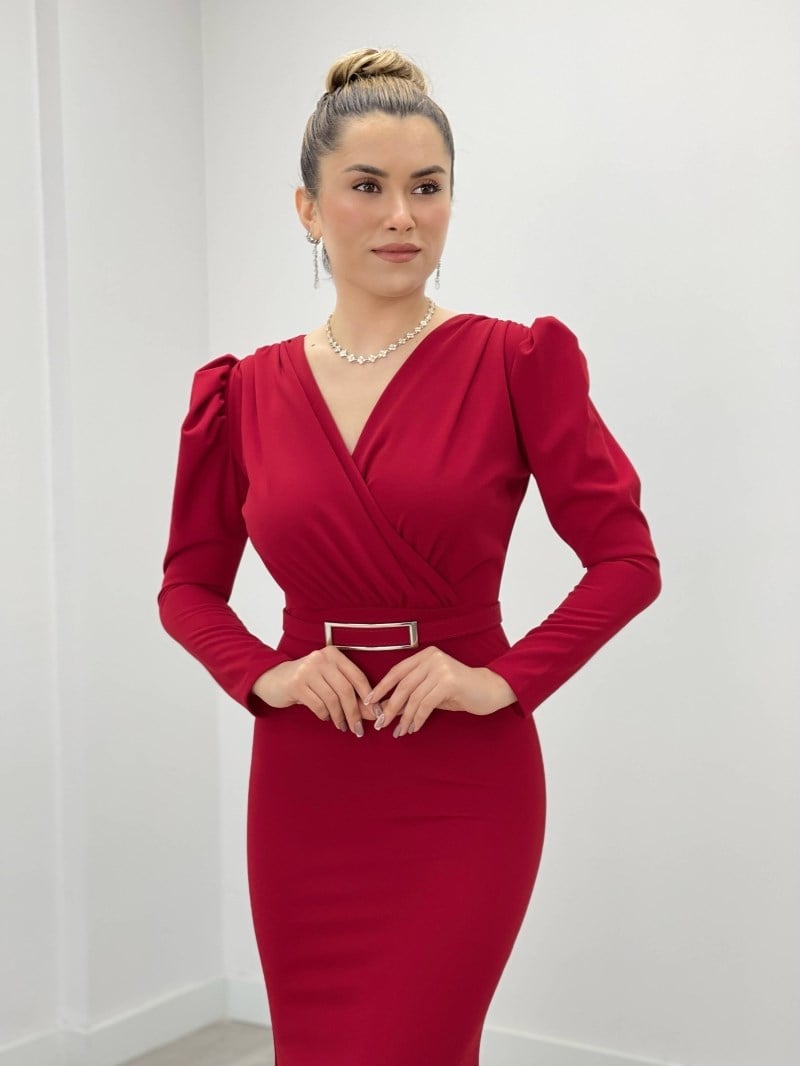 Krep Kumaş Kruvaze Yaka Balık Elbise - KIRMIZI