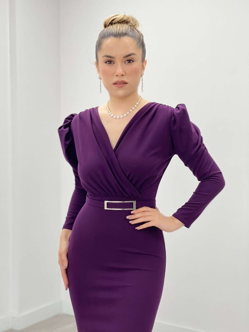 Krep Kumaş Kruvaze Yaka Balık Elbise - PATLICAN MOR