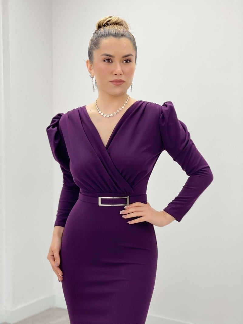 Krep Kumaş Kruvaze Yaka Balık Elbise - PATLICAN MOR