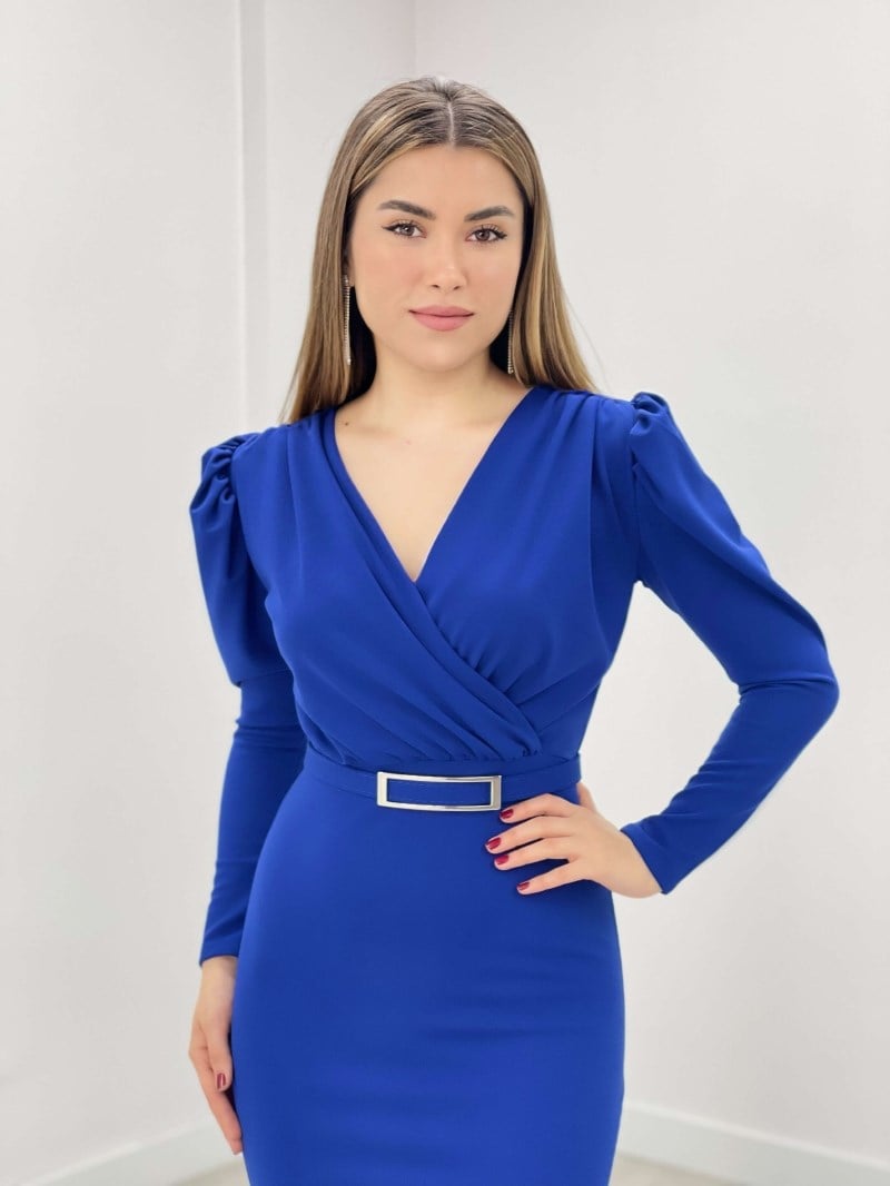 Krep Kumaş Kruvaze Yaka Balık Elbise - SAKS MAVİ