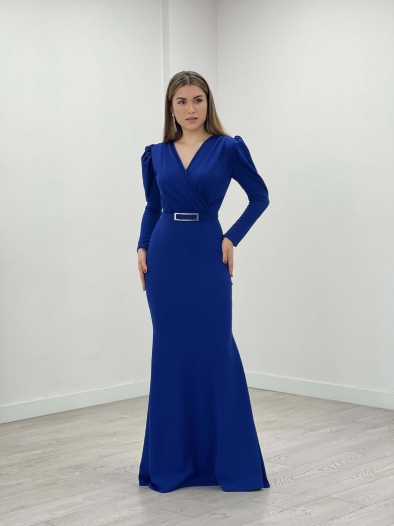 Krep Kumaş Kruvaze Yaka Balık Elbise - SAKS MAVİ