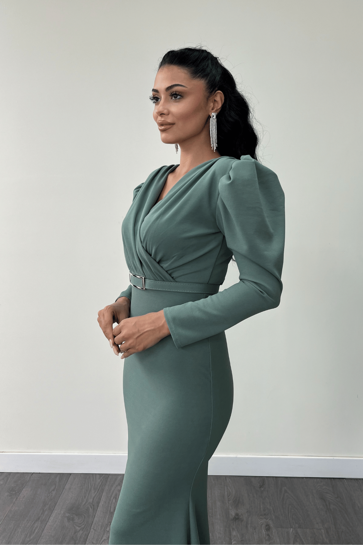 Krep Kumaş Kruvaze Yaka Balık Elbise - SU YEŞİLİ