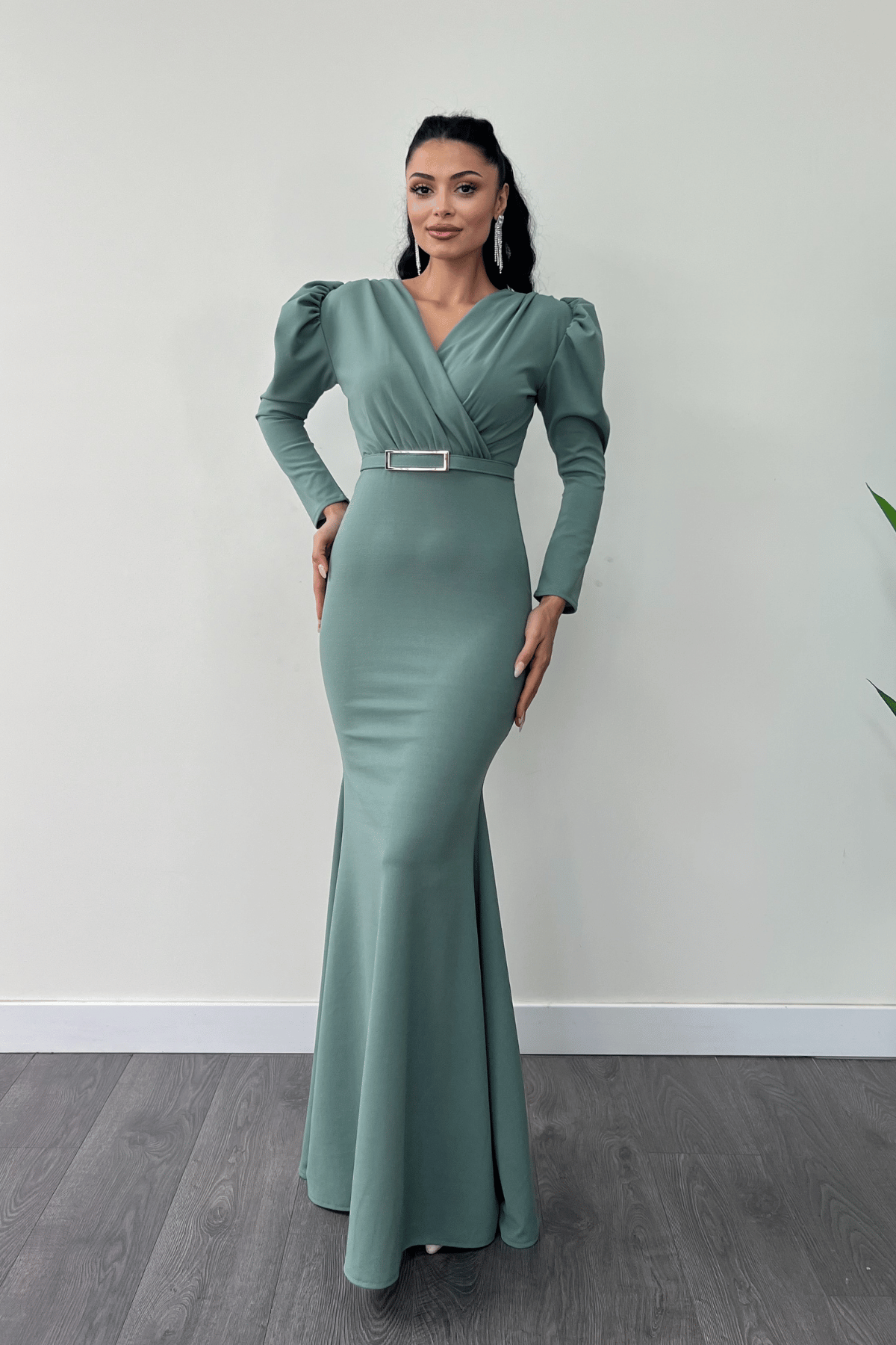 Krep Kumaş Kruvaze Yaka Balık Elbise - SU YEŞİLİ