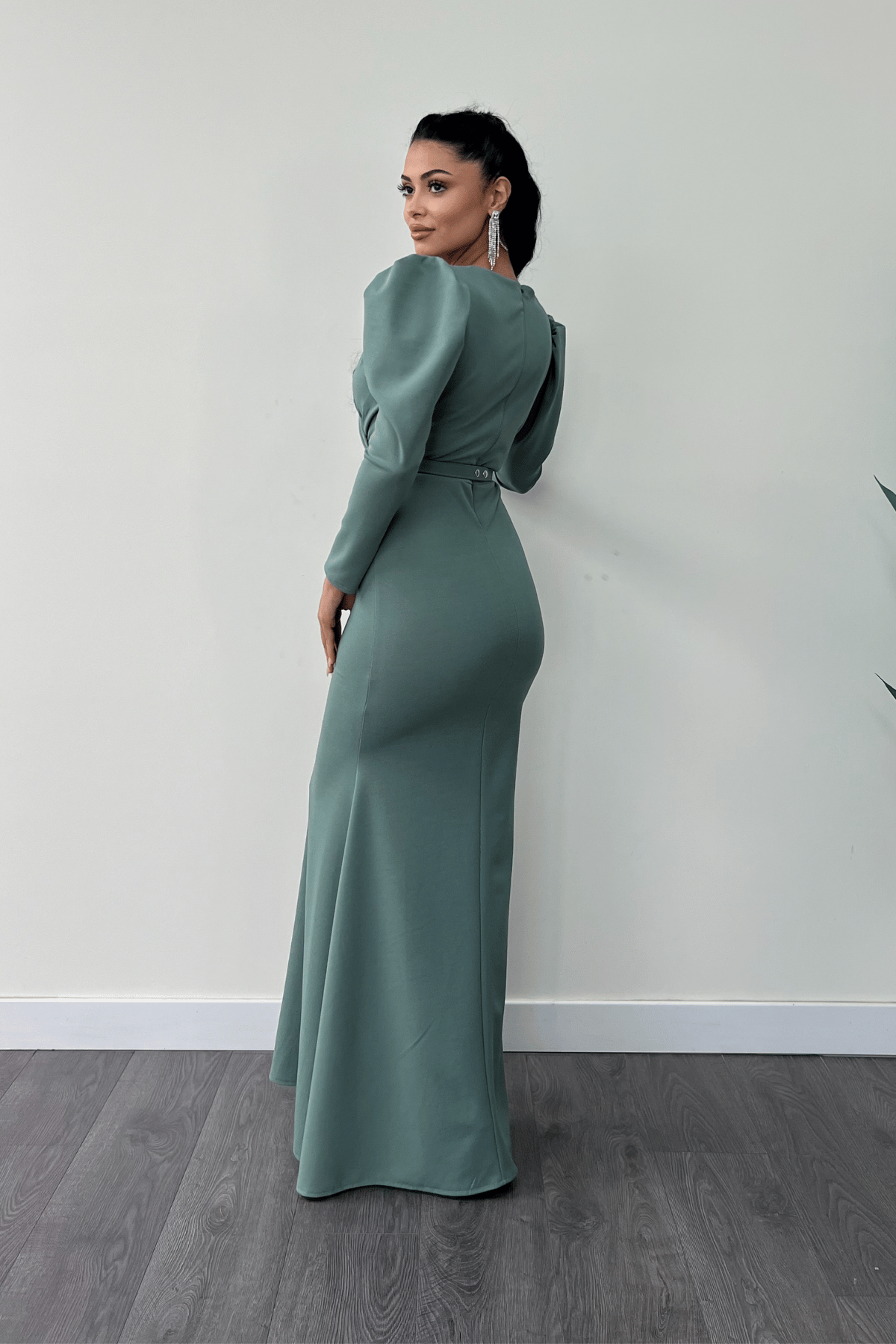 Krep Kumaş Kruvaze Yaka Balık Elbise - SU YEŞİLİ