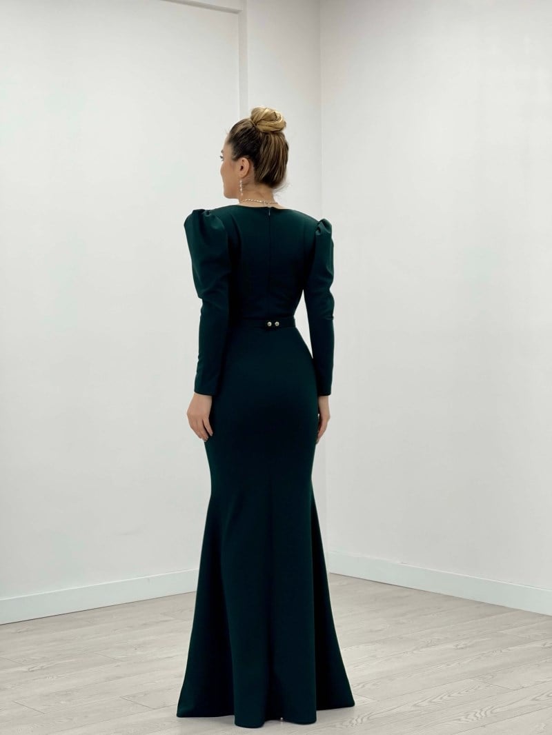 Krep Kumaş Kruvaze Yaka Balık Elbise - ZÜMRÜT YEŞİL
