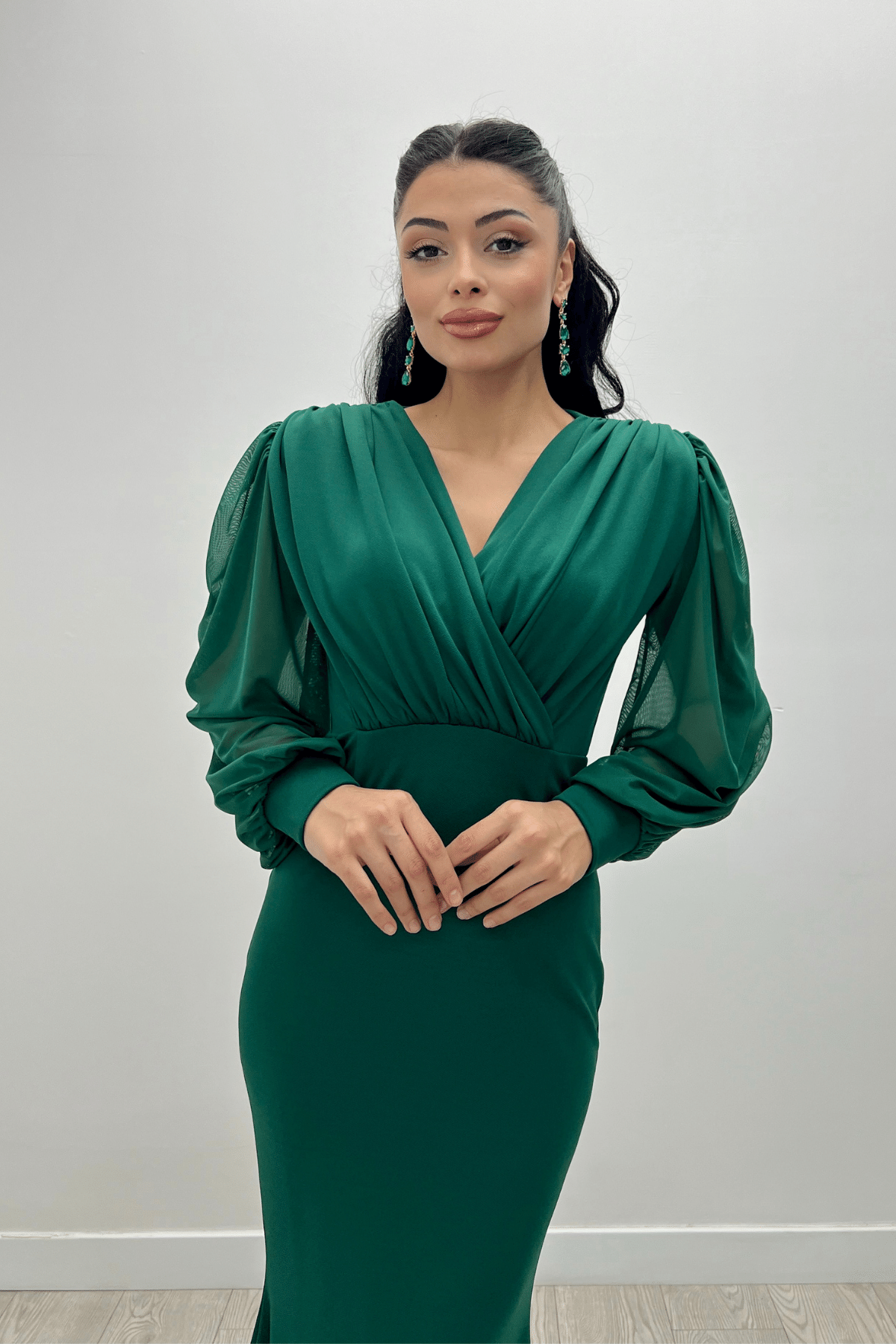 Krep Kumaş Kruvaze Yaka Balık Elbise - ZÜMRÜT YEŞİL