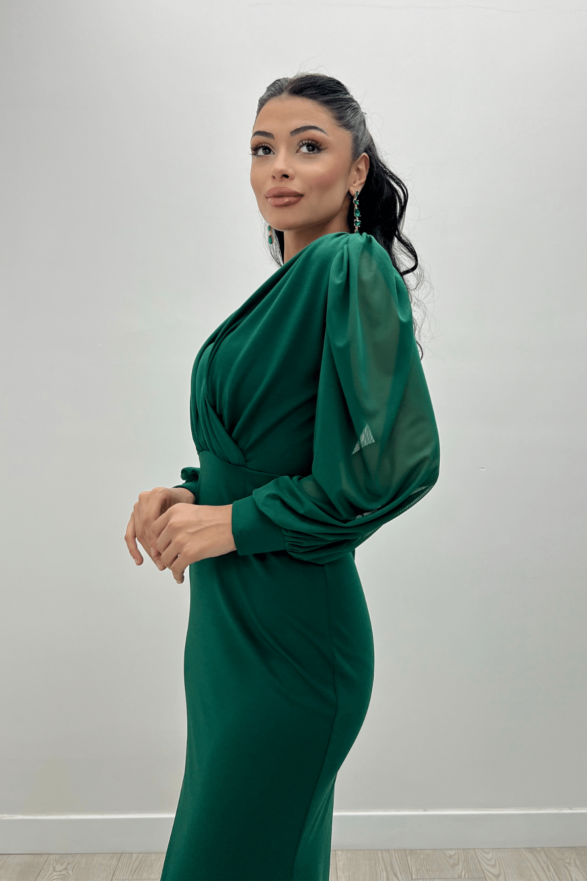 Krep Kumaş Kruvaze Yaka Balık Elbise - ZÜMRÜT YEŞİL