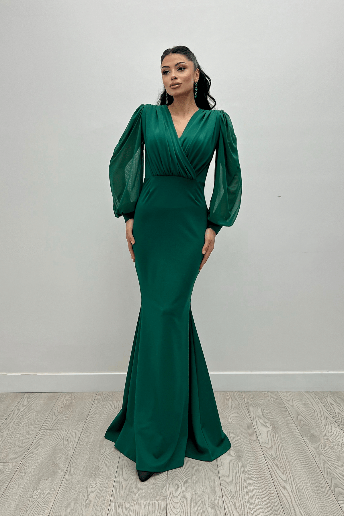 Krep Kumaş Kruvaze Yaka Balık Elbise - ZÜMRÜT YEŞİL