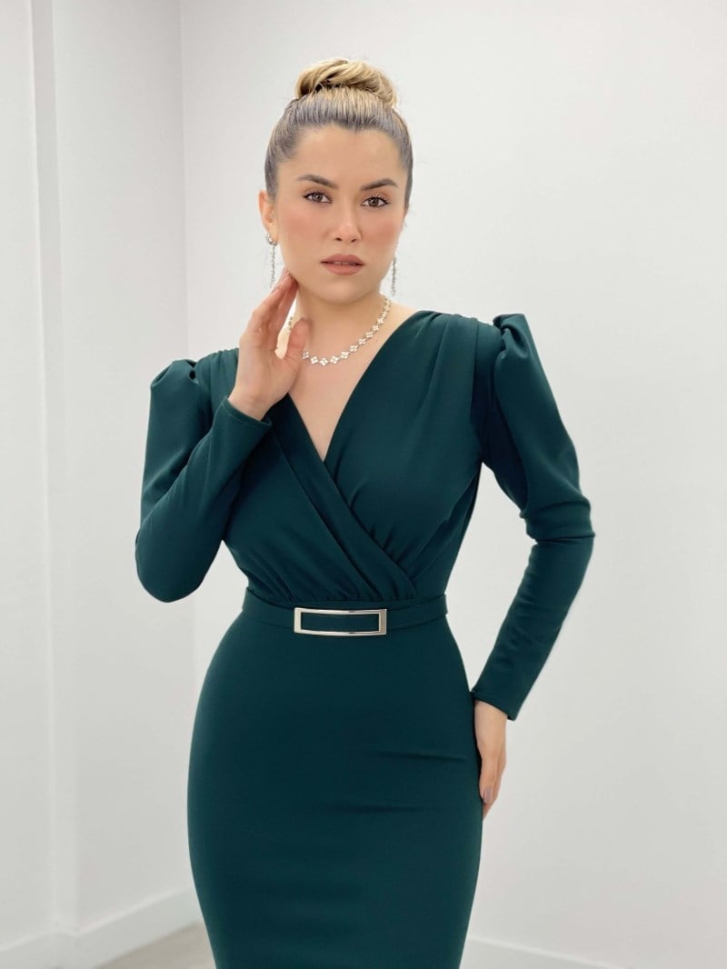 Krep Kumaş Kruvaze Yaka Balık Elbise - ZÜMRÜT YEŞİL