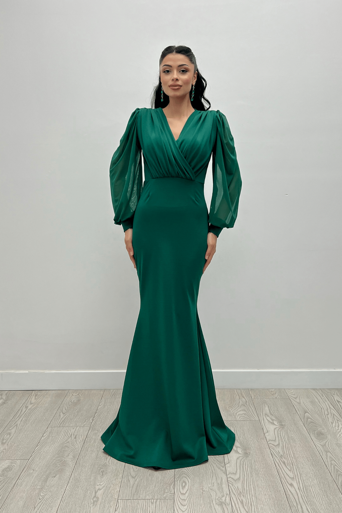 Krep Kumaş Kruvaze Yaka Balık Elbise - ZÜMRÜT YEŞİL