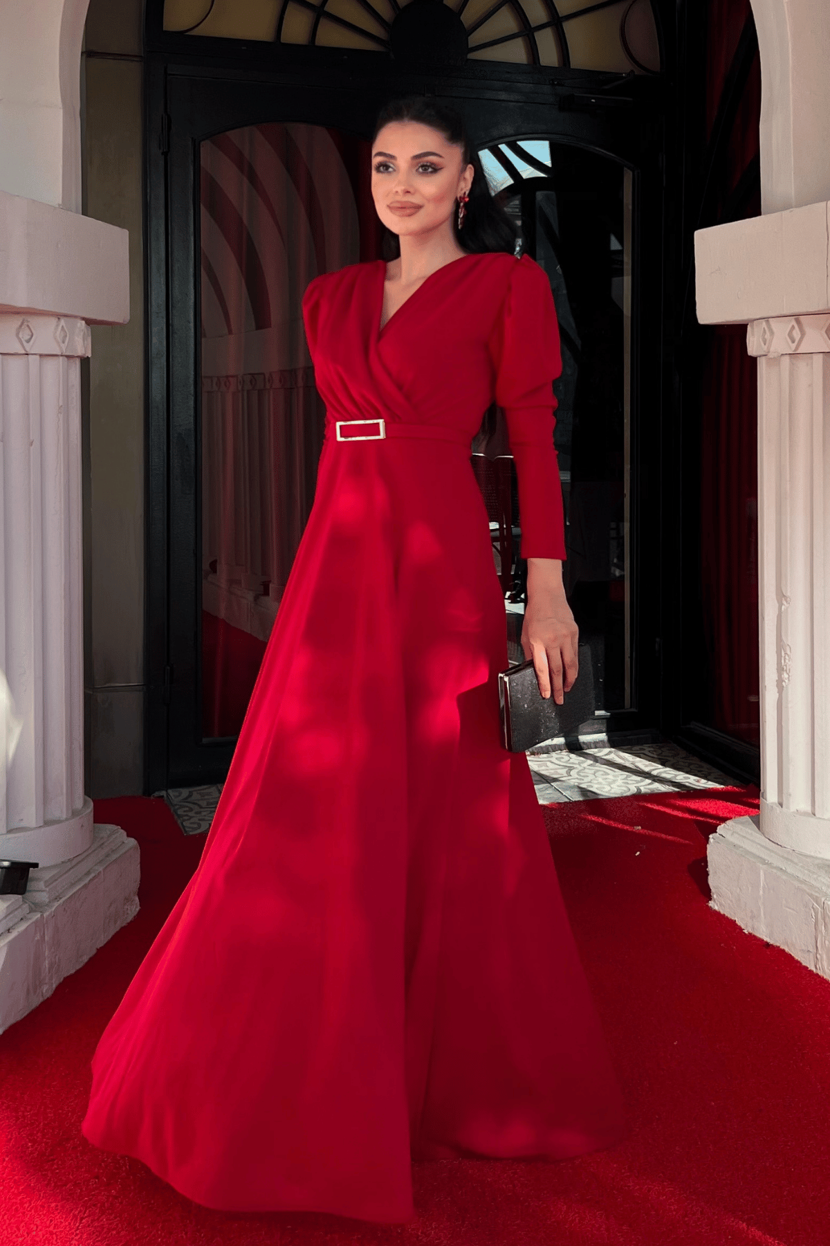 Krep Kumaş Kruvaze Yaka Kiloş Elbise - BORDO