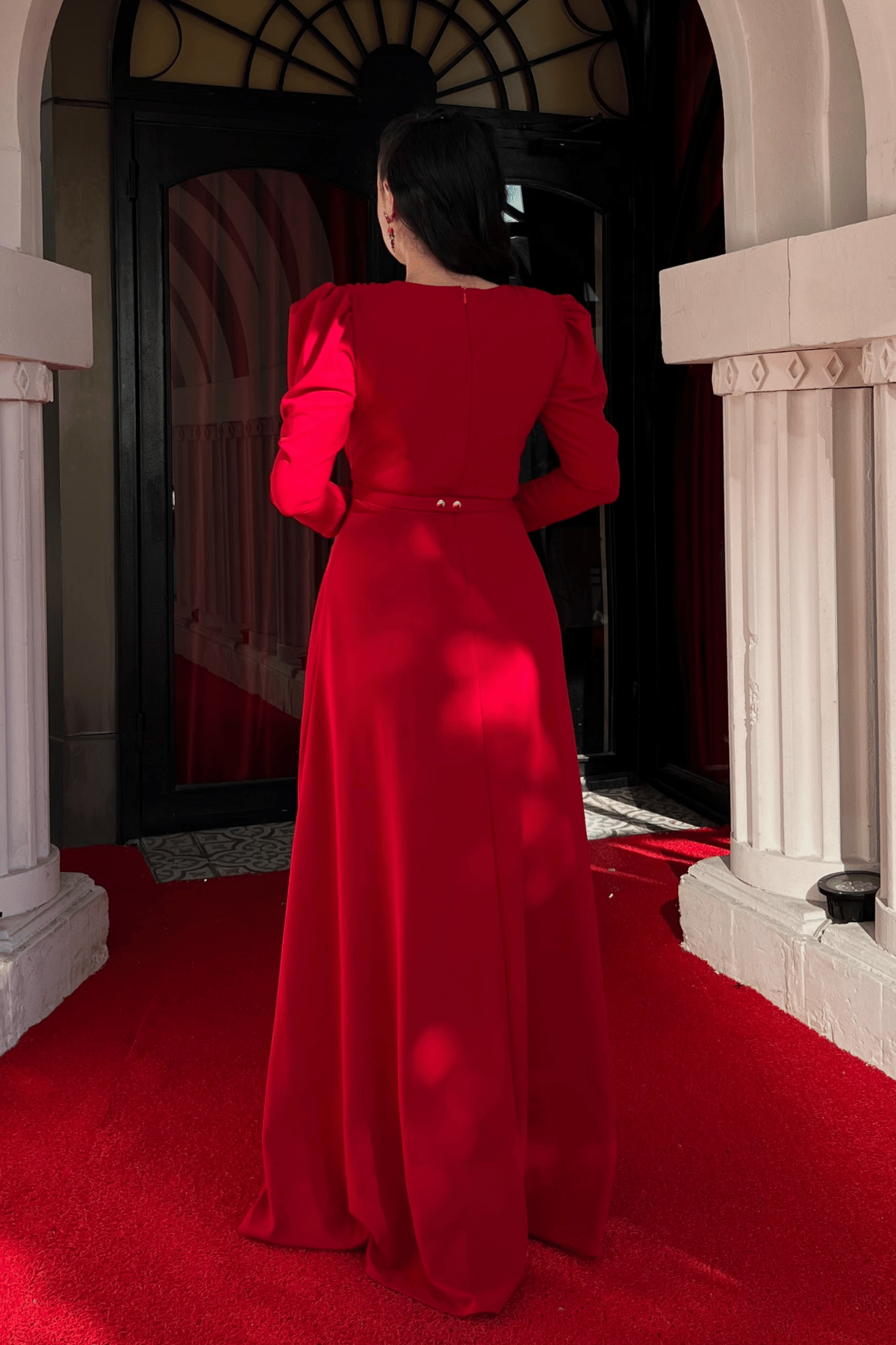 Krep Kumaş Kruvaze Yaka Kiloş Elbise - BORDO