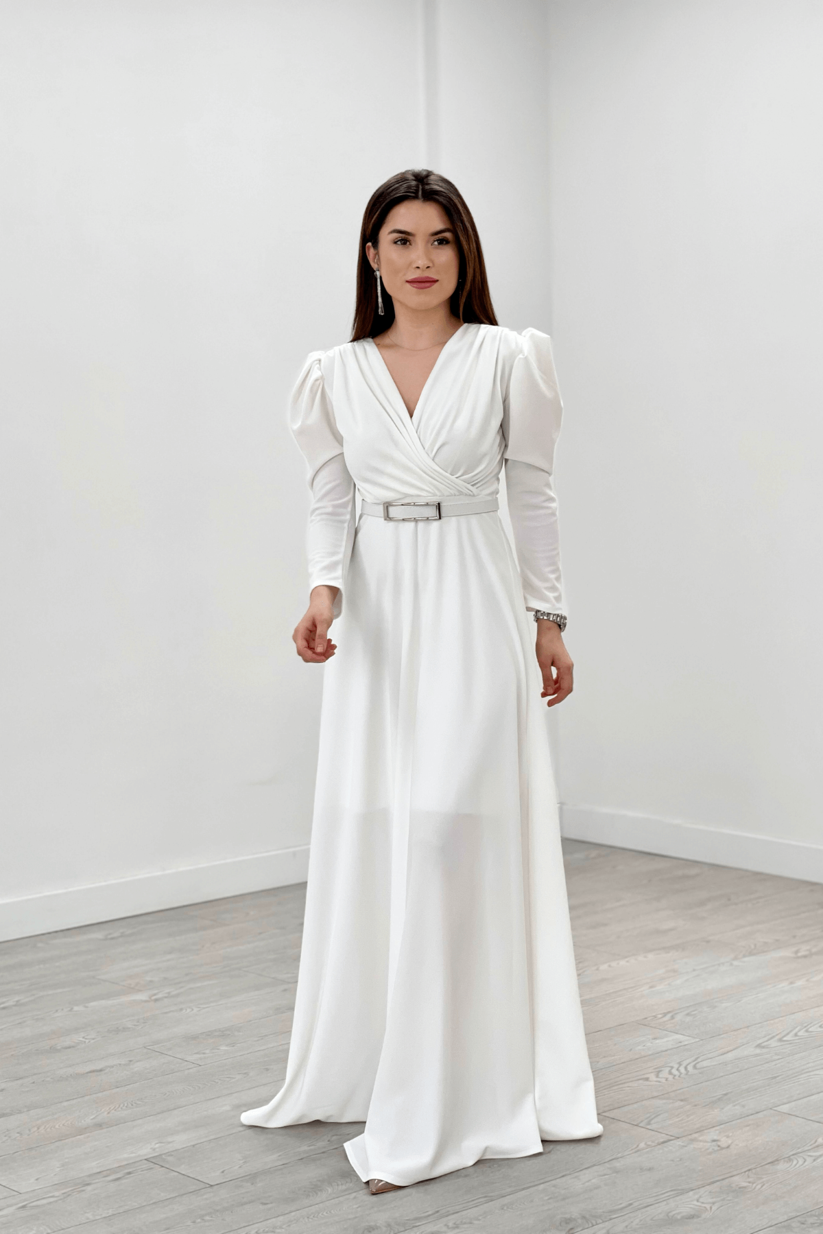 Krep Kumaş Kruvaze Yaka Kiloş Elbise - BEYAZ