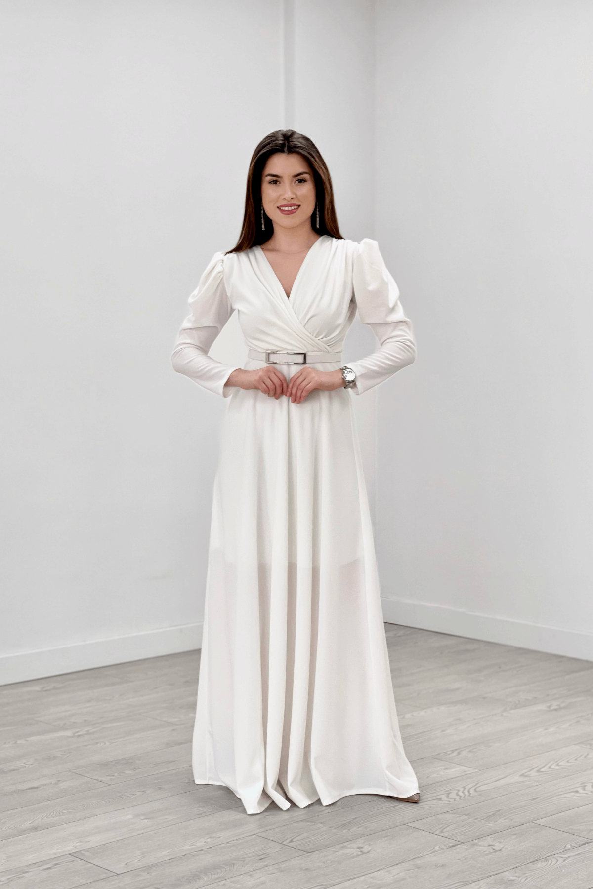 Krep Kumaş Kruvaze Yaka Kiloş Elbise - BEYAZ