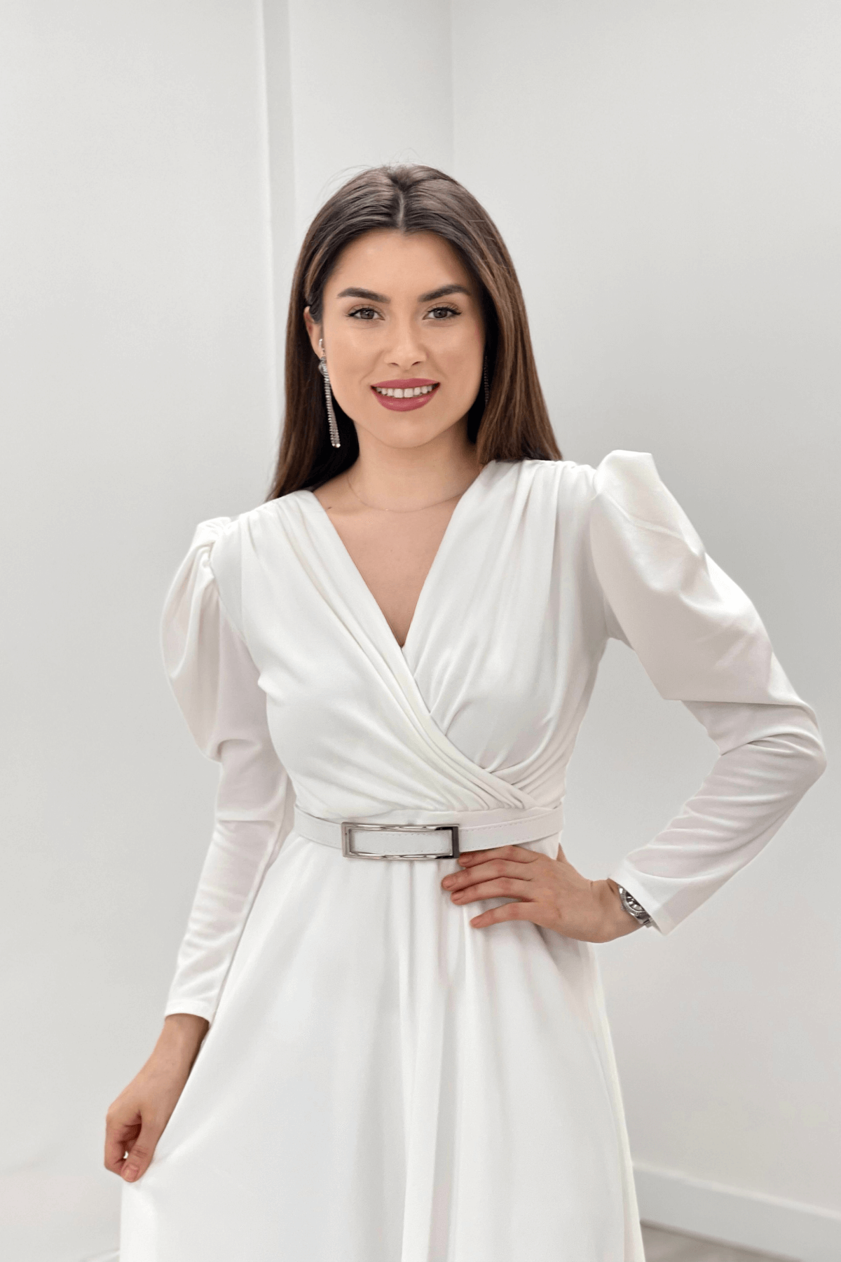 Krep Kumaş Kruvaze Yaka Kiloş Elbise - BEYAZ