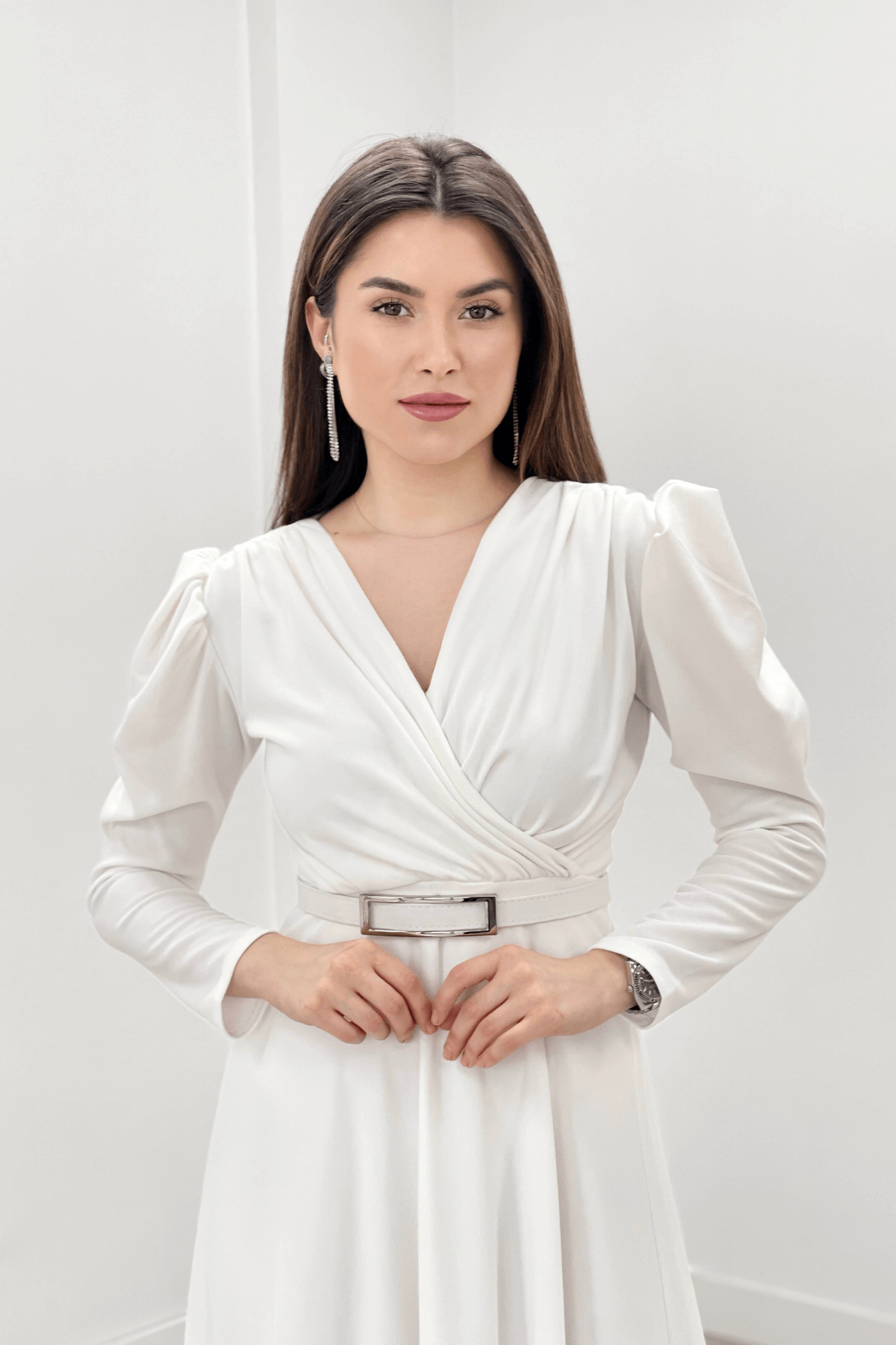 Krep Kumaş Kruvaze Yaka Kiloş Elbise - BEYAZ