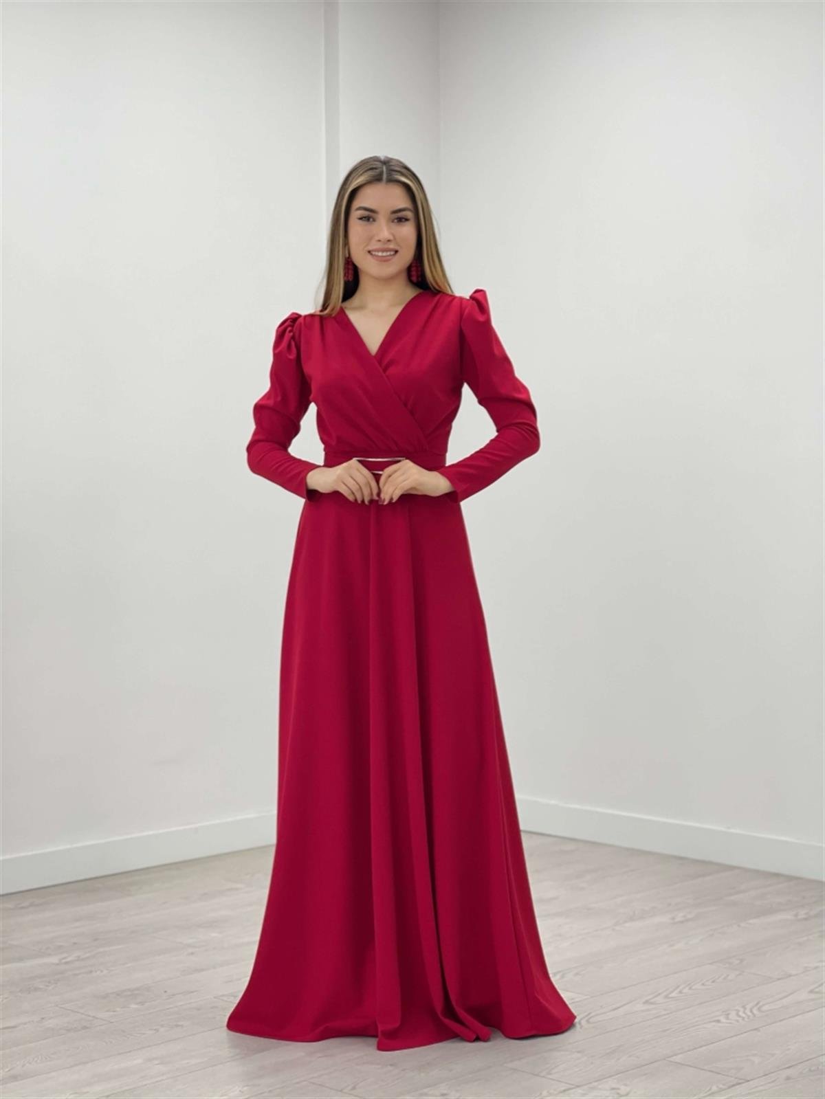 Krep Kumaş Kruvaze Yaka Kiloş Elbise - KIRMIZI