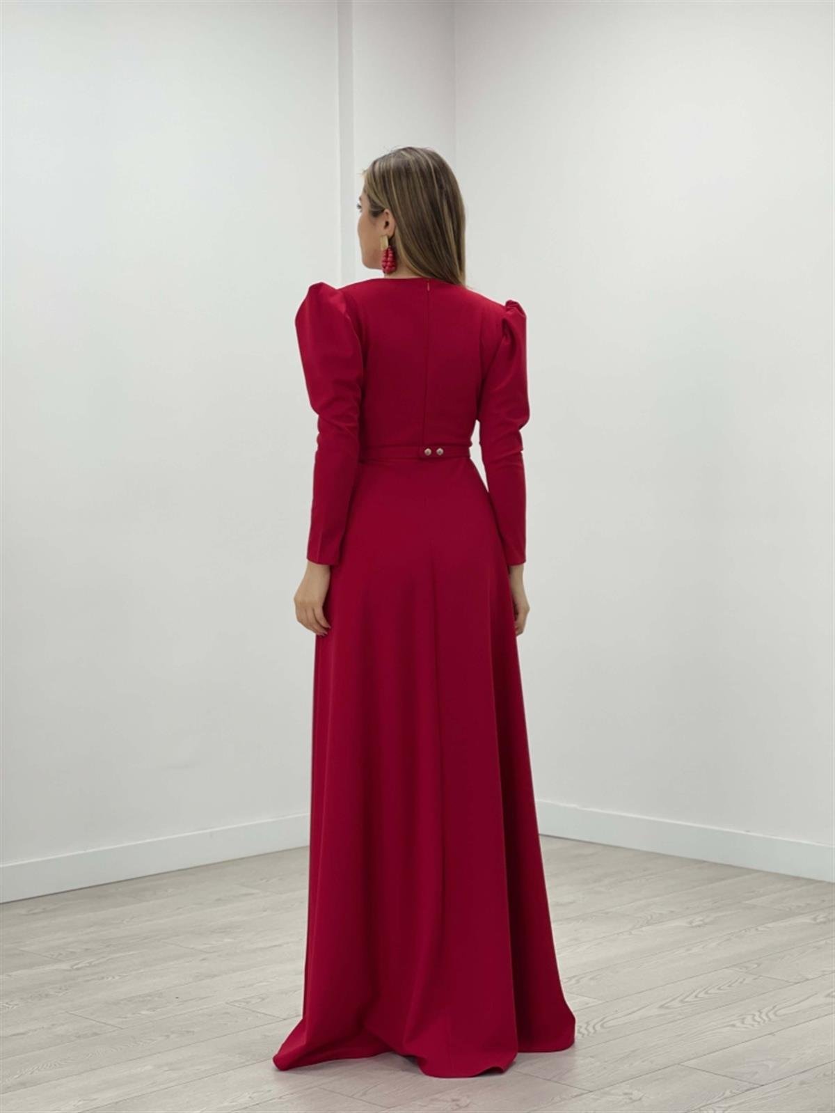 Krep Kumaş Kruvaze Yaka Kiloş Elbise - KIRMIZI