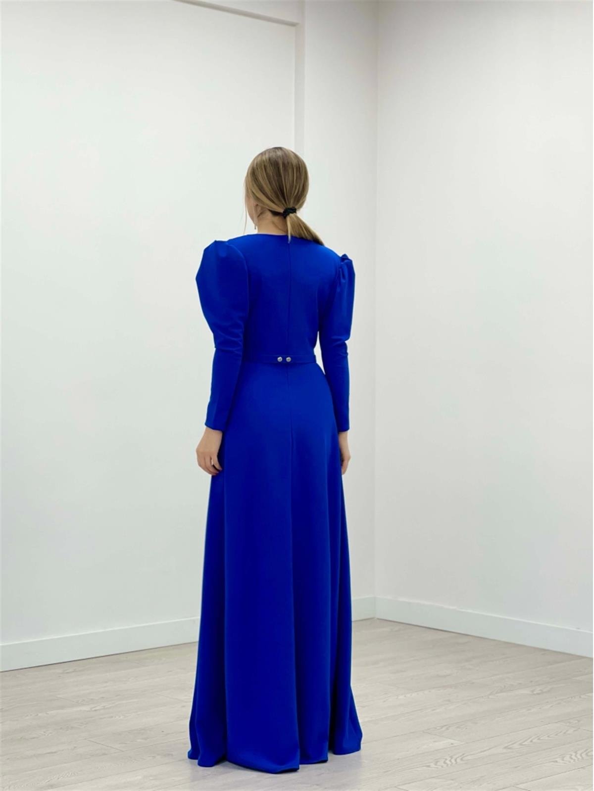 Krep Kumaş Kruvaze Yaka Kiloş Elbise - SAKS MAVİ