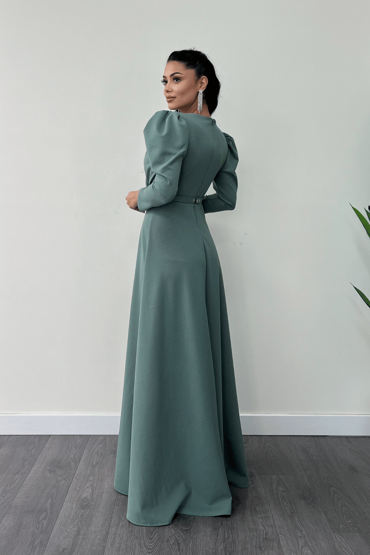 Krep Kumaş Kruvaze Yaka Kiloş Elbise - SU YEŞİLİ