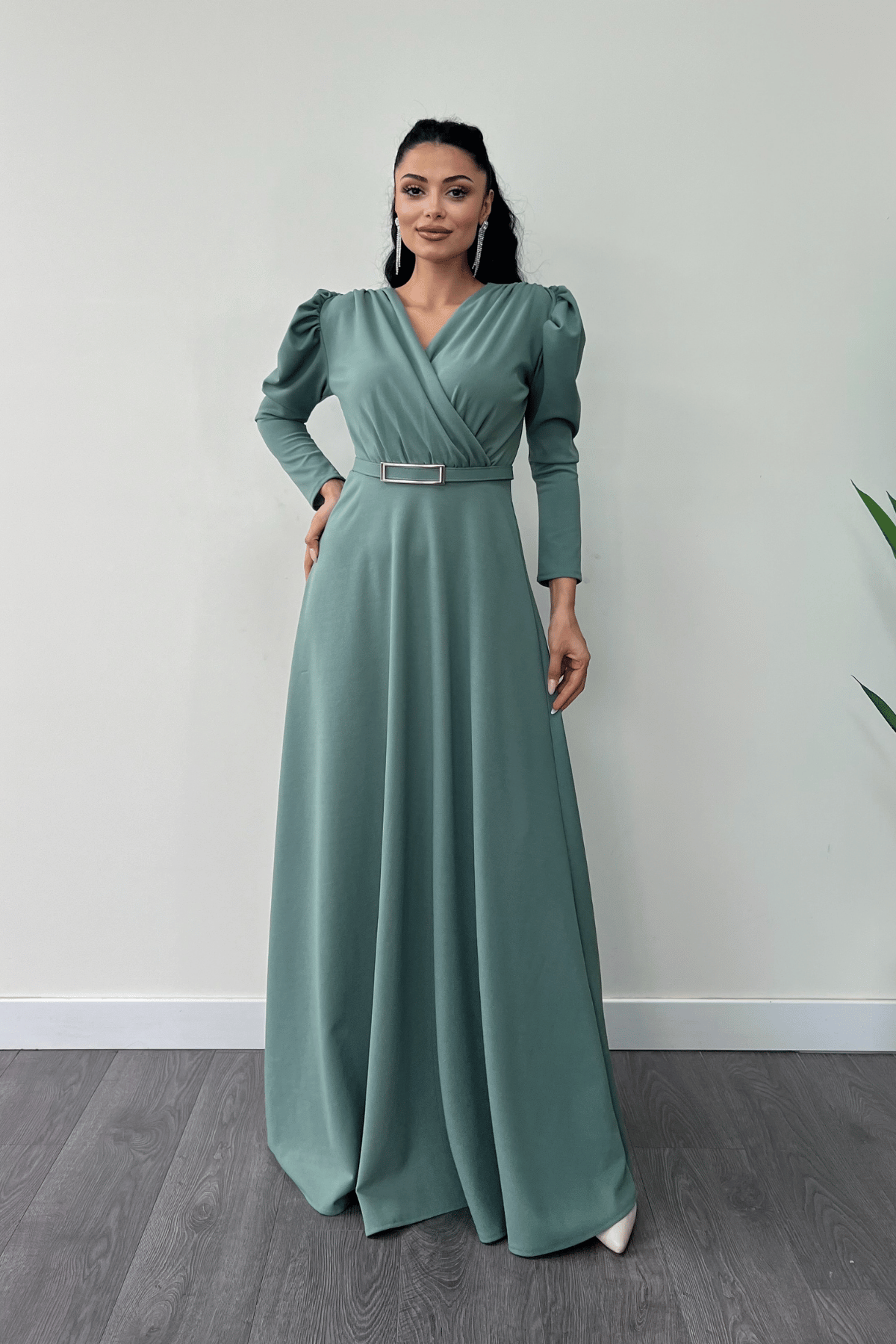 Krep Kumaş Kruvaze Yaka Kiloş Elbise - SU YEŞİLİ