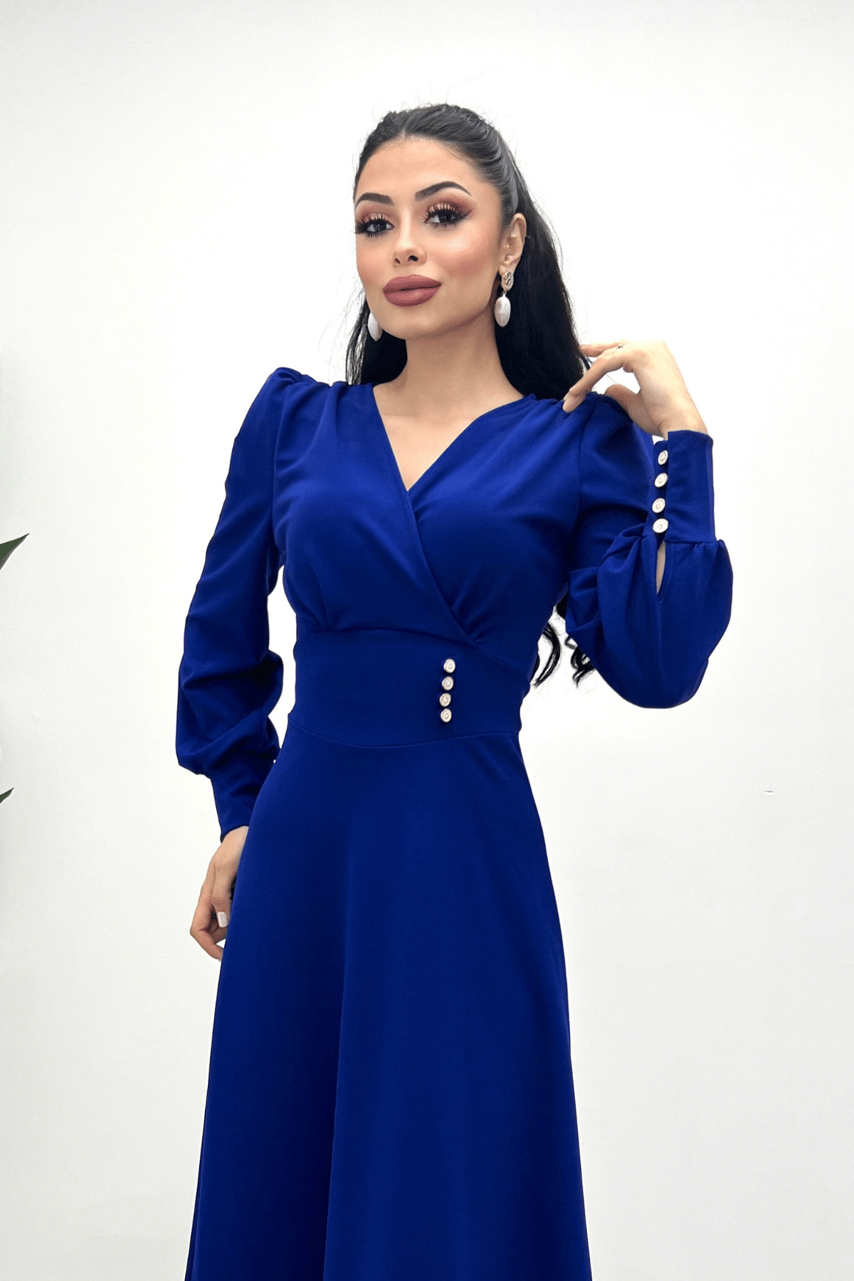 Krep Kumaş Kruvaze Yaka Midi Elbise - SAKS MAVİ