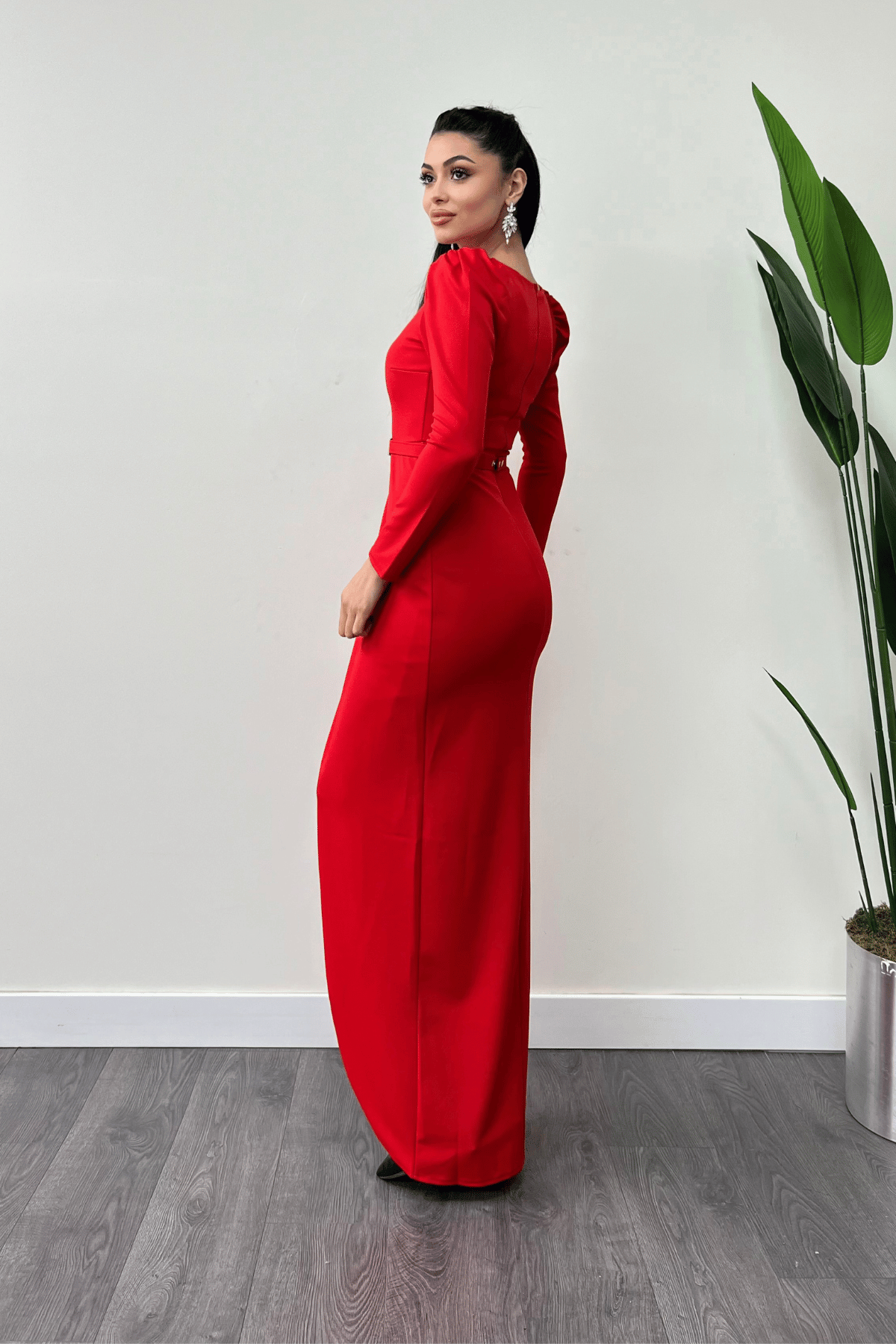 İthal Krep Kumaş Pile Detaylı Elbise - KIRMIZI