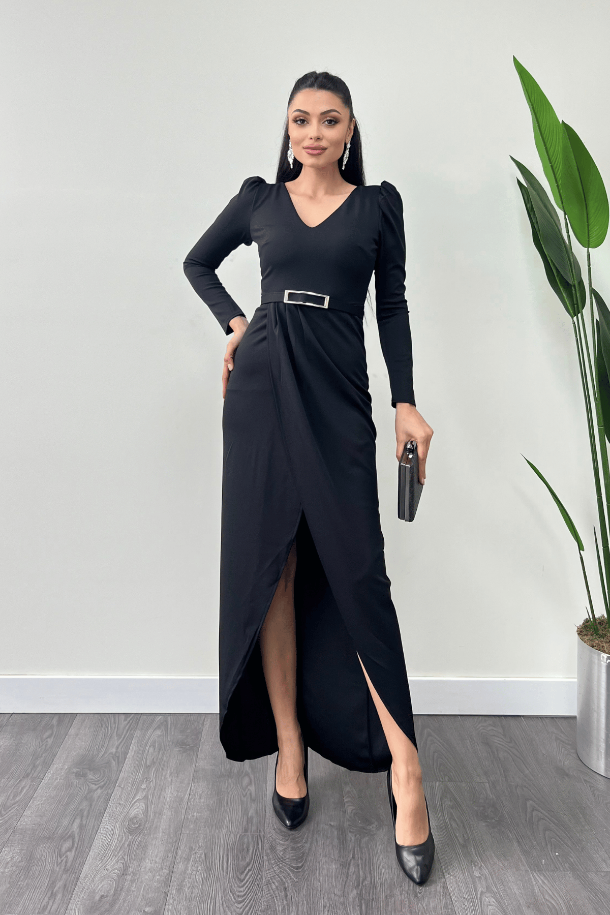 İthal Krep Kumaş Pile Detaylı Elbise - SİYAH