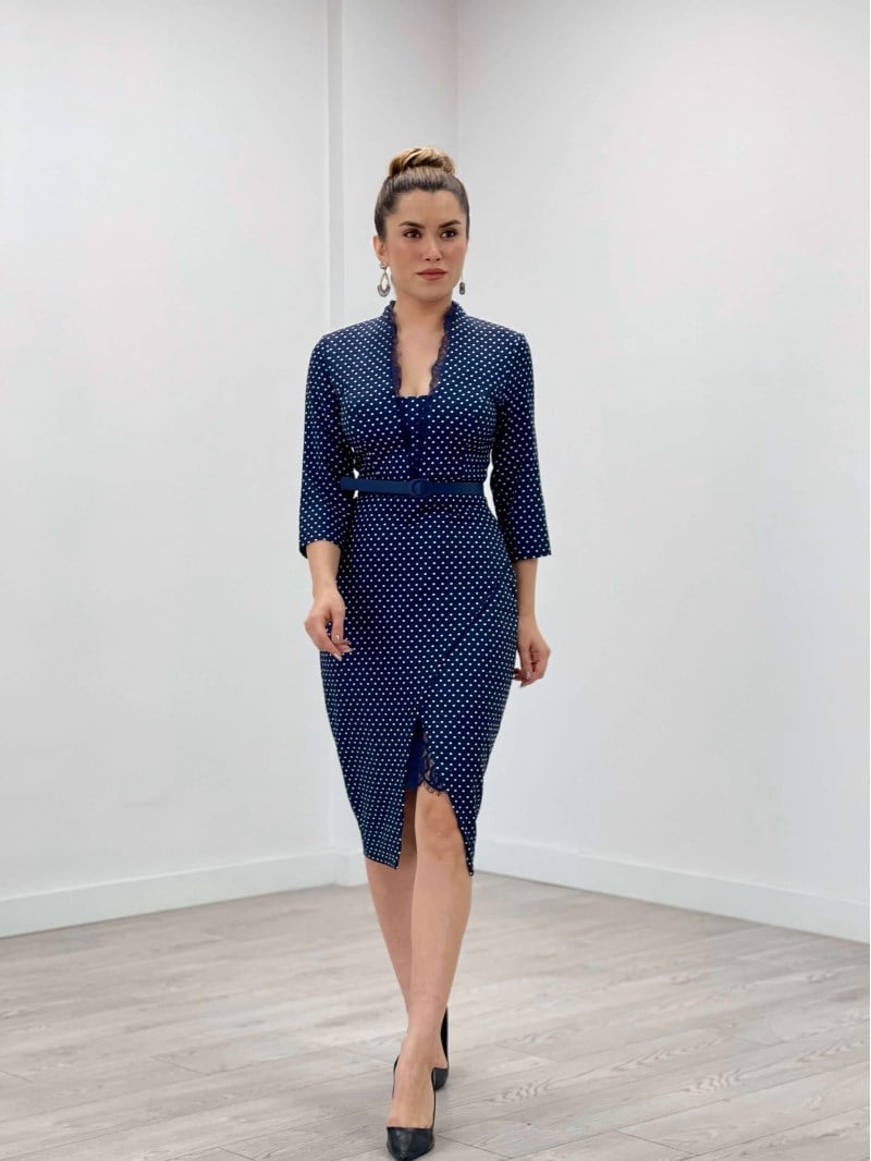 Krep Kumaş Puantiye Dantel Detaylı Kalem Elbise - LACİVERT